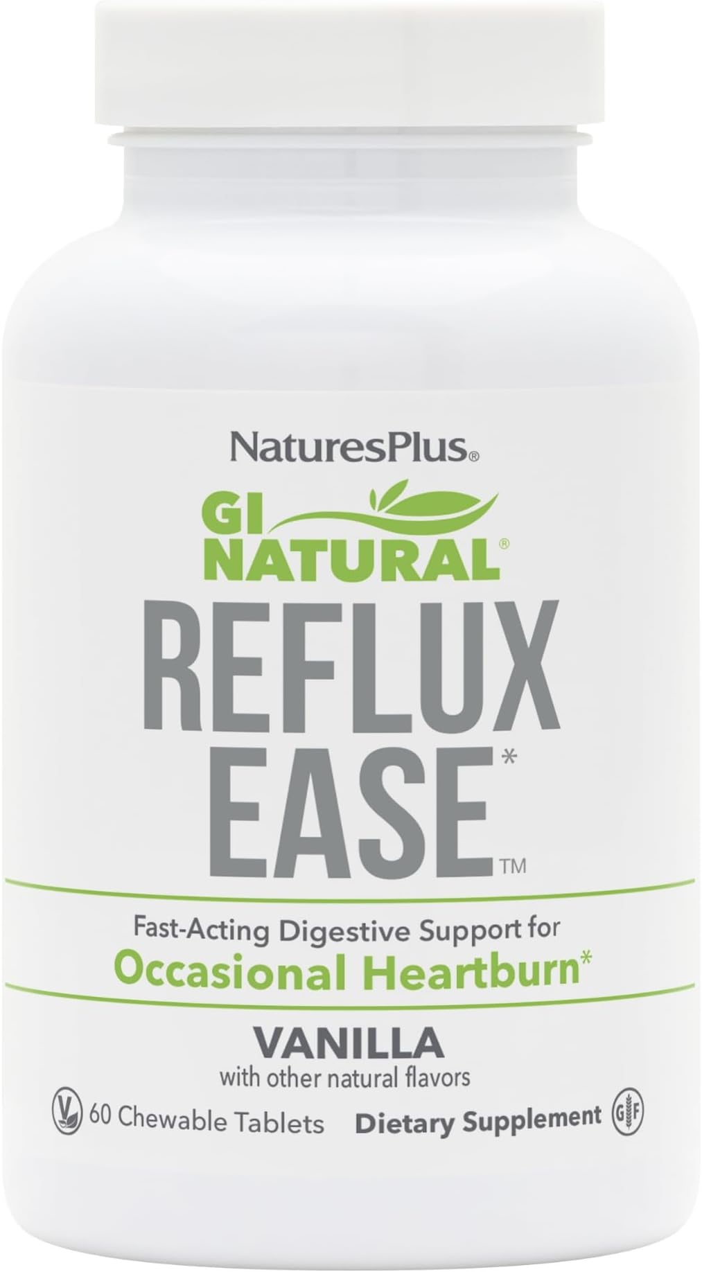 NaturesPlus GI Natural Reflux Ease, Vanilla - 60 Chewable Tablets - Fast-Acting Digestive Support - Vegetarian, Gluten Free - 60 Servings