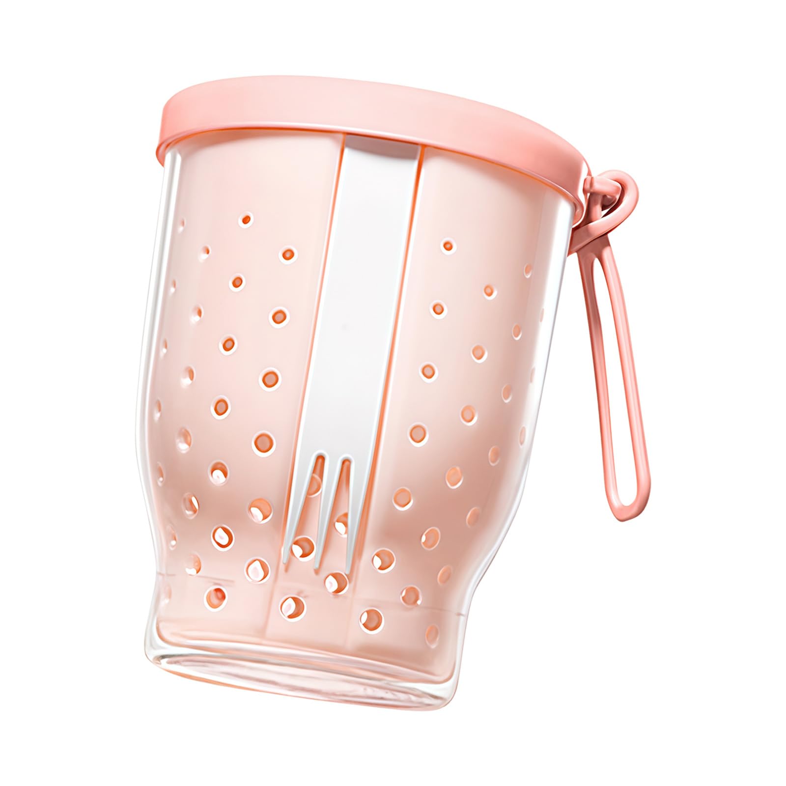 hogtnd Plastic Fruit Cup with Removable Strainer and Fork, Leak-proof Lid, Space Saving Food Container for Travel, Outdoor, Portable Strainer Cup with Silicone Handle