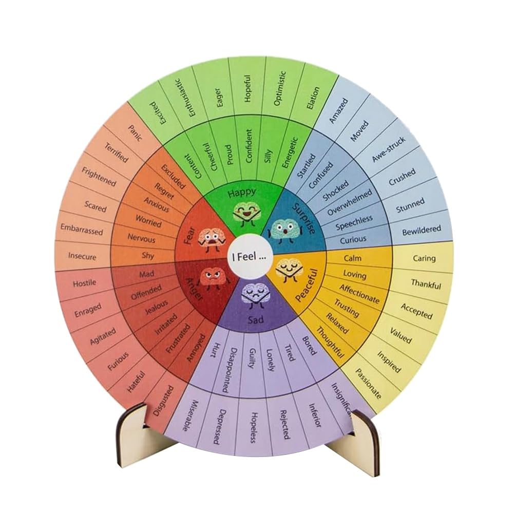 Kueohse Feelings Wheel Therapy Decor Wooden Coping Wheel Chart Gifts for School, Therapy for School Counselors