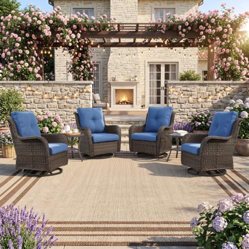 Image of Rilyson 6 Pieces Outdoor Patio Wicker Swivel Chairs and Table, Blue Cushion | High Back and Deep Seating, All Weather, Water-Resistant, Removable Cover, Stain-Resistant, for Garden Backyard Deck