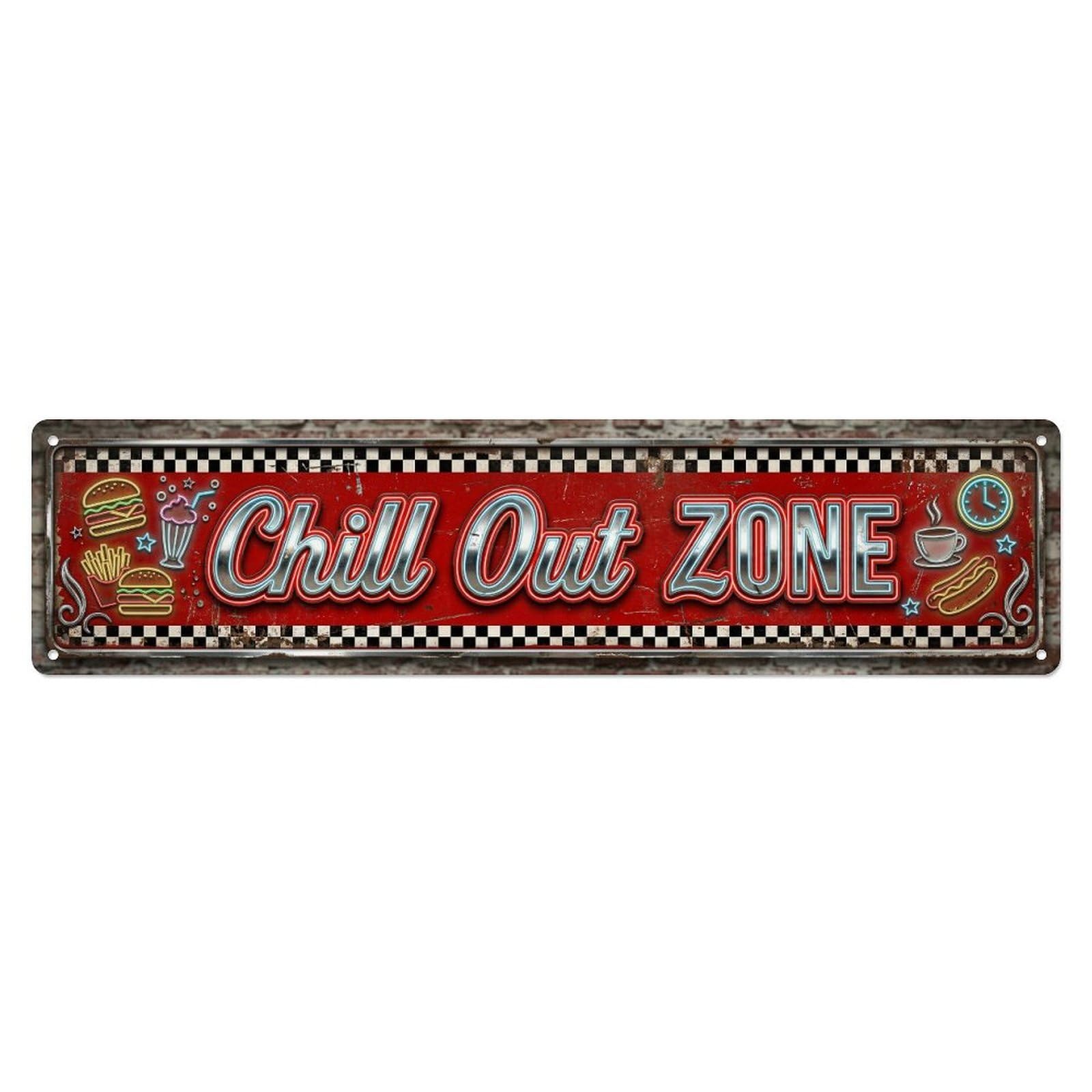 Chill Out Zone Faded Kitchen Metal Tin Skinny Sign Plaque Wall Decor for Cafe, Club Bar, Office, Home Garden Metal Poster 4x16Inch