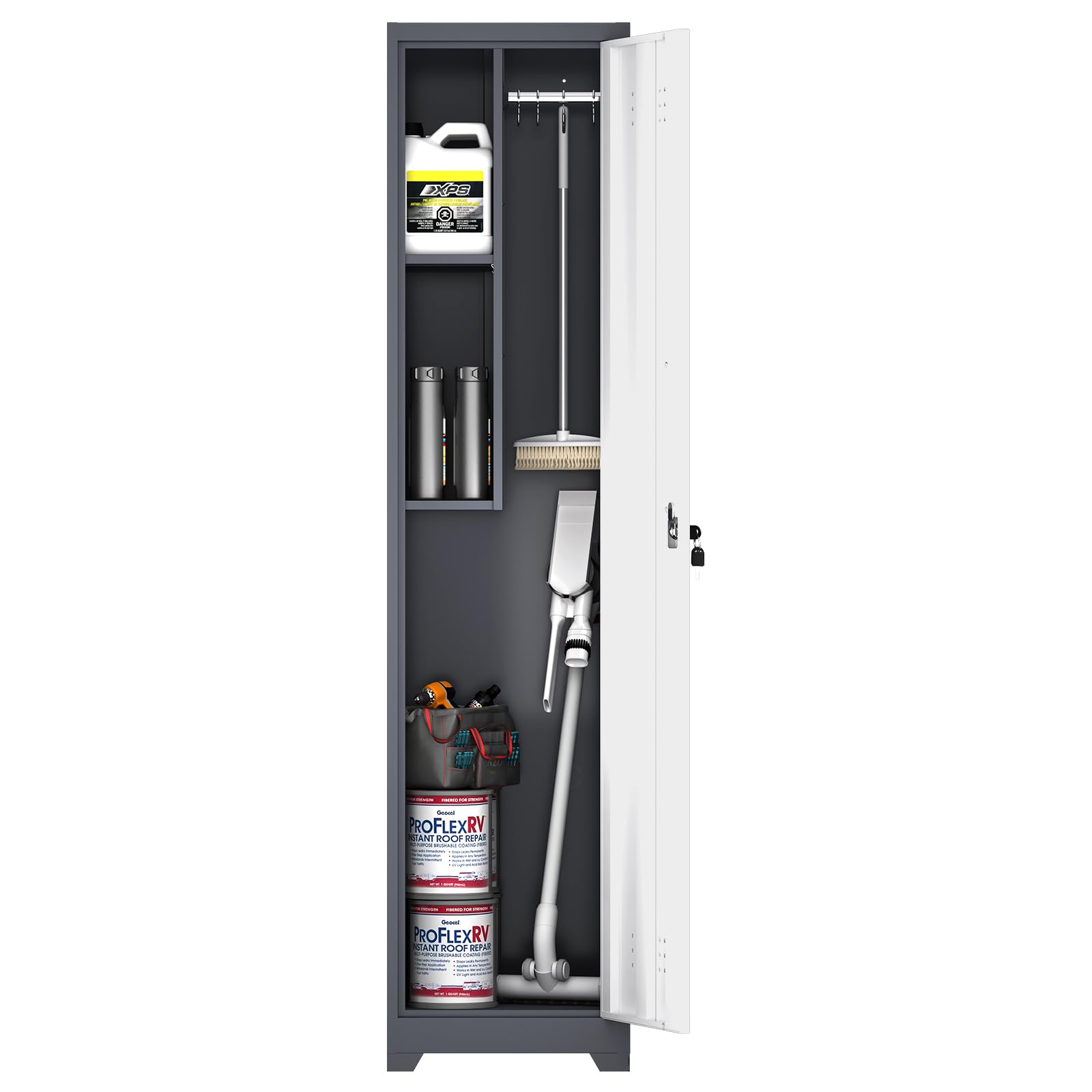 LUCYPAL Slim Broom Storage Cabinet with Shelves,Metal Cleaning Tool Cabinet with Locking Doors and Hanging Rods,Tall Broom Utility Closet Cabinets for