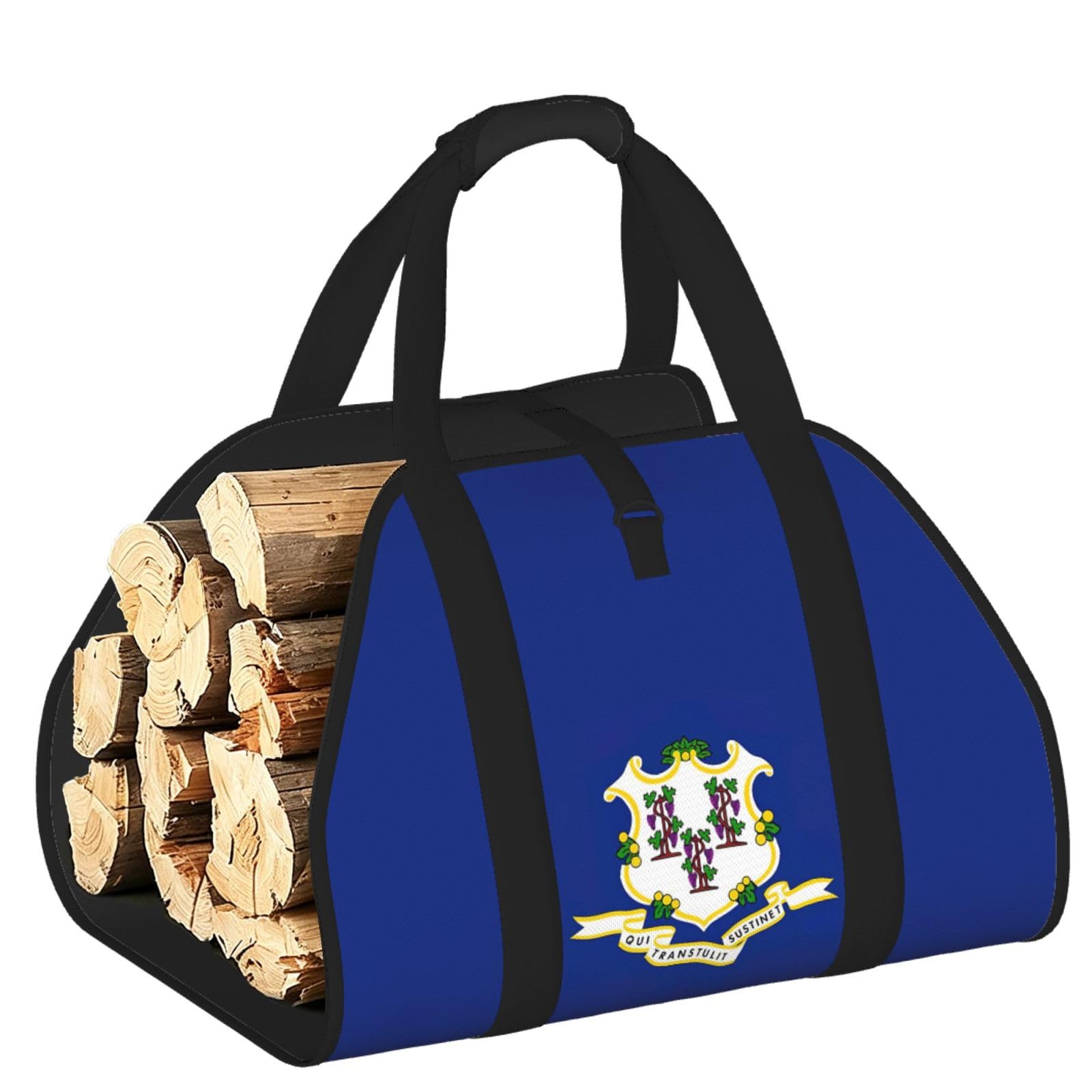 Ayyqwe Black Connecticut State Flag Print Firewood Bag Wood Waterproof Versatile Camping Picnic Storage Daily Home