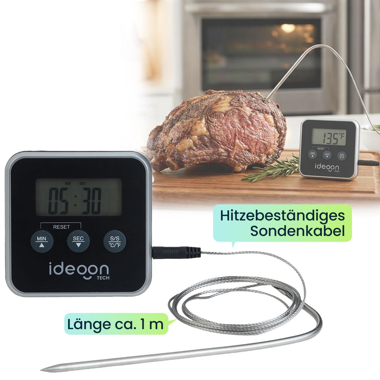 ideoon Digitales Fleischthermometer & Ofenthermometer mit Timer bis 300 Grad, Kabelgebundenes Braten- und Grillthermometer, für BBQ, Grill, Smoker, Backofen
