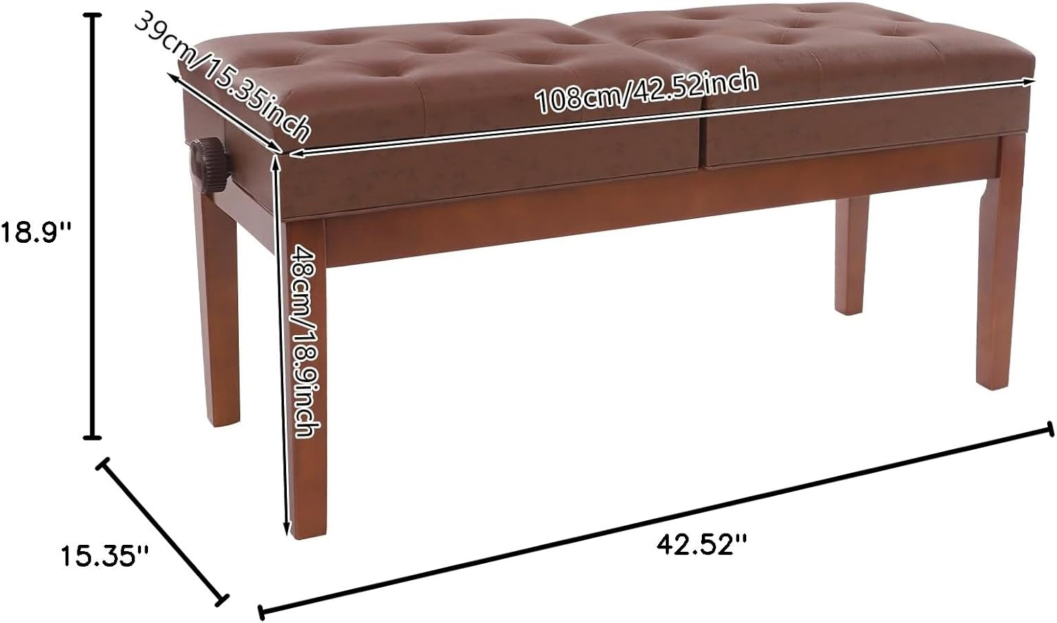 Adjustable Double/Duet Piano Bench, Heavy Duty Solid Wood Double Piano Stool Keyboard Bench Seat with PU Leather Padded Cushion for Music Books & Leather Cushion for Keyboard Piano (Teak)