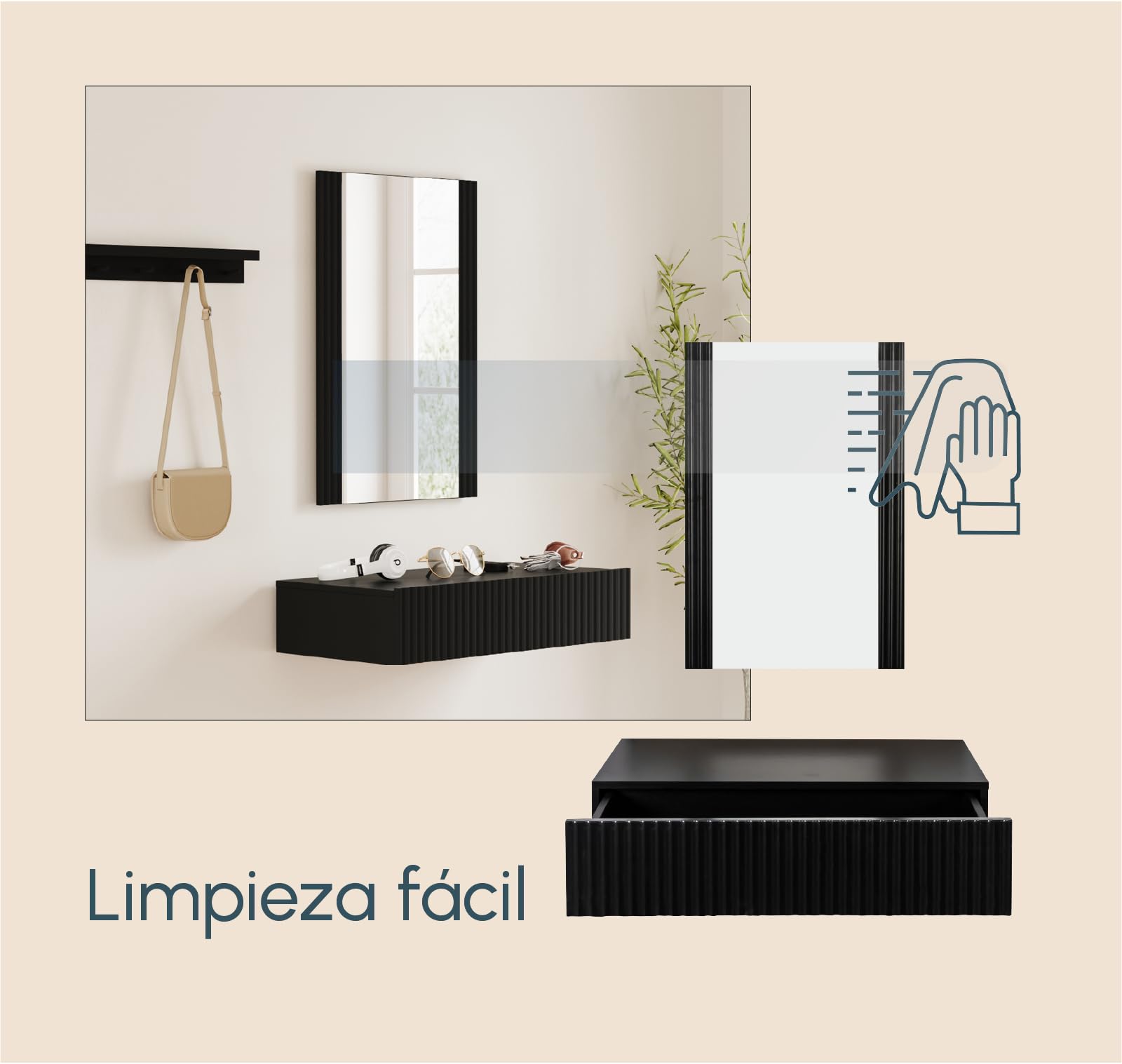 MB Muebles Bonitos, Recibidor Colgante con Espejo Amira, Mueble de Entrada con Cajón y Diseño Acanalado, Melamina y PVC, Color Negro, Ideal para Entradas y Pasillos