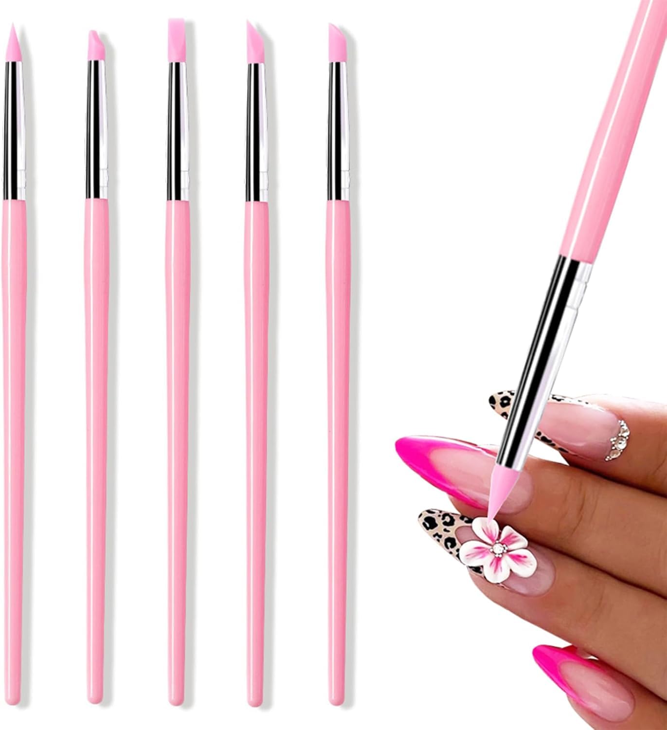 5Pcs rubber paintbrush - silicone nail tool with rubber tips - silicone brushes - ideal for acrylic painting, clay sculpting, pottery, and crafts (Pink)