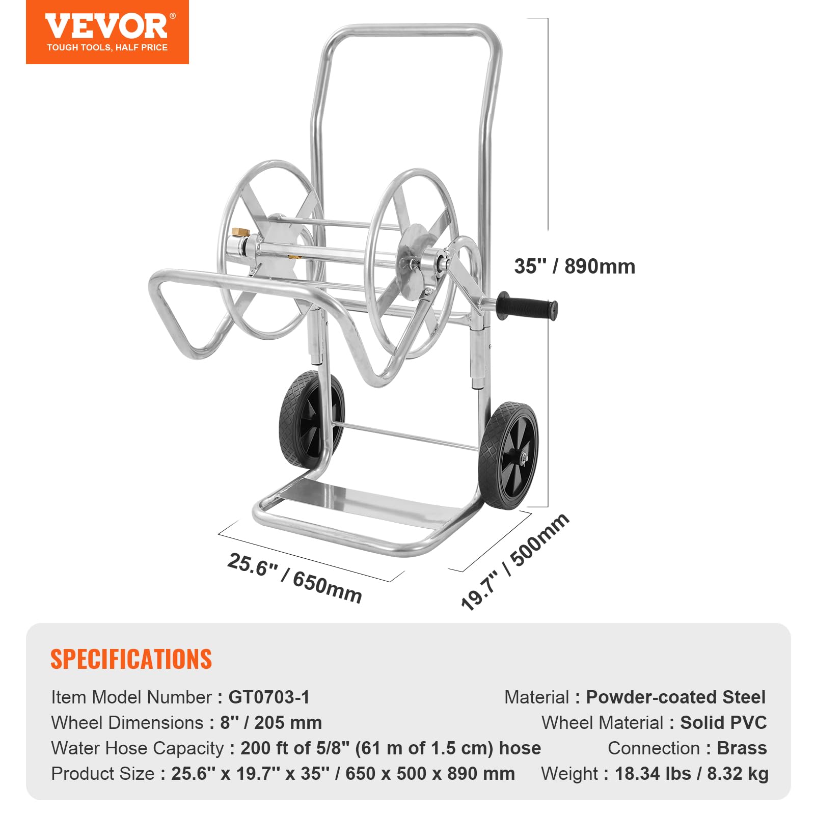 VEVOR Hose Reel Cart, Hold Up to 200 ft of 5/8â€™â€™ Hose (Hose Not Included), Garden Water Hose Carts Mobile Tools with Wheels, Heavy Duty Powder-coated Steel Outdoor Planting for Garden, Yard, Lawn