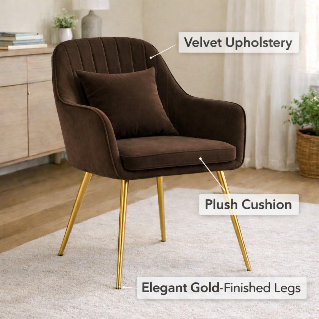 Toxigo Velvet Living Chairs, Garden Office Restaurant, Modern Contemporary Upholstered with Polished Gold Metal Single Chair with Pillow Modern (Brown) 4
