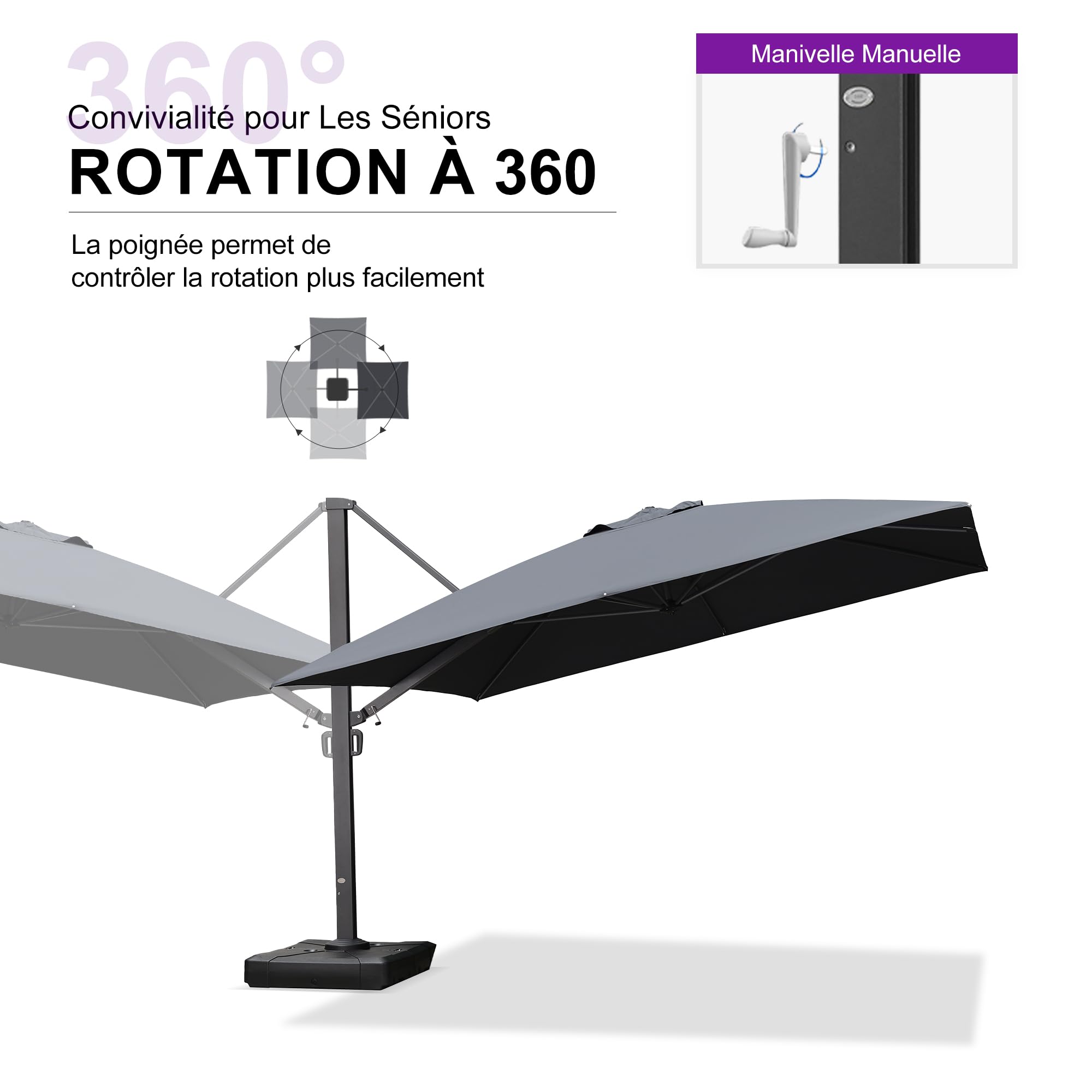 PURPLE LEAF Grand Parasol Déporté 3,65 x 3,65 m Aluminium Robuste, Gris | Mât renforcé Ø11 cm, Montage facile, Rotation 360°, Inclinaison 5 positions, Toile durable, Toile amovible et lavable