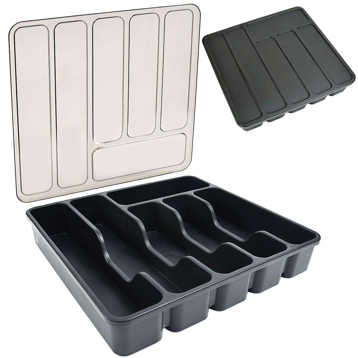 OLRWSLG Cutlery Tray with Lid, Cutlery Drawer Organiser Insert Cutlerys Storage Box Organizer Utensil Flatware Silverware Holder Divider for Kitchen Drawer and Countertop Spoons Forks, 6 Compartment