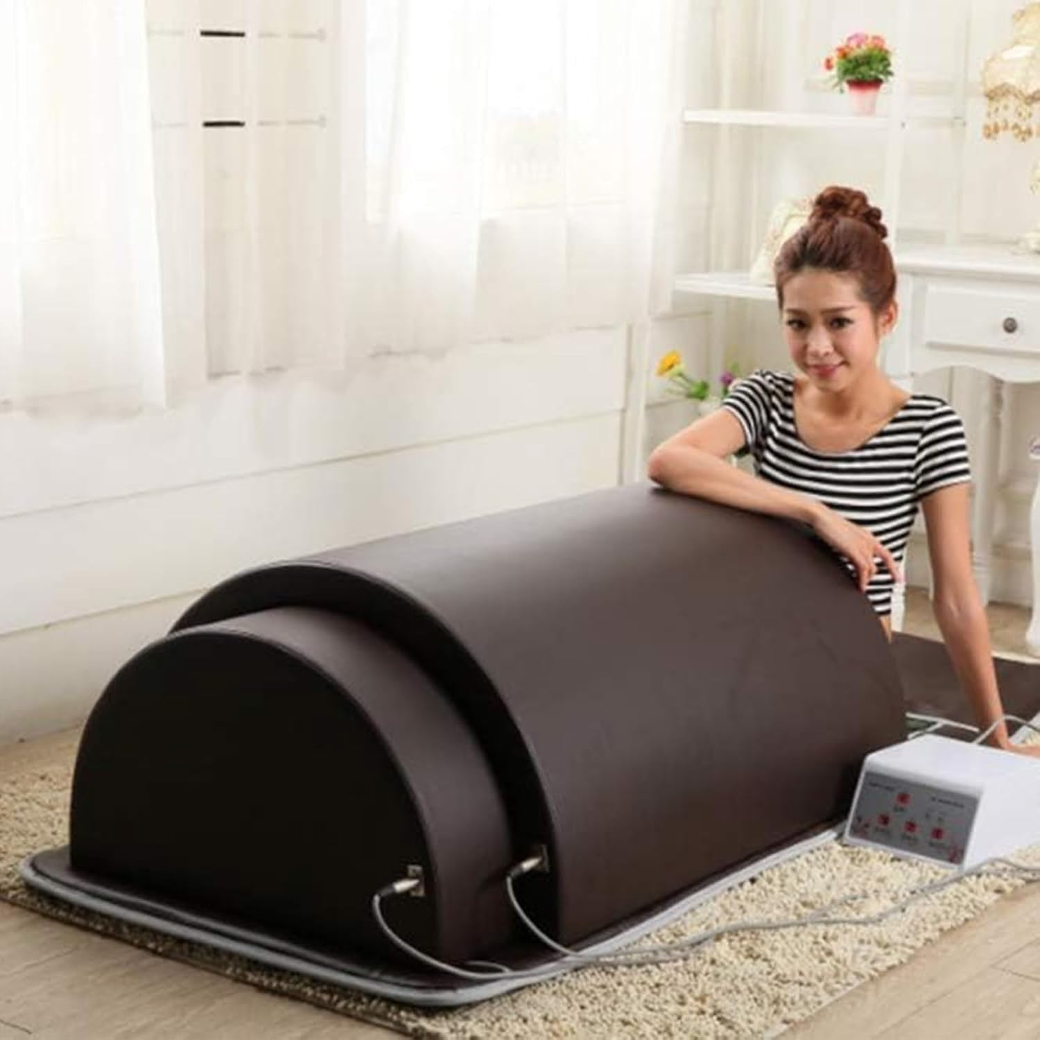Manta Vapor para Sauna Doméstica, Sauna Profesional Moldeadora Corporal con Controlador 3 Zonas Y Control Remoto, Cápsula Sauna Personal con Cobertura Completa 360 ​​Grados Y Almohada,Brown