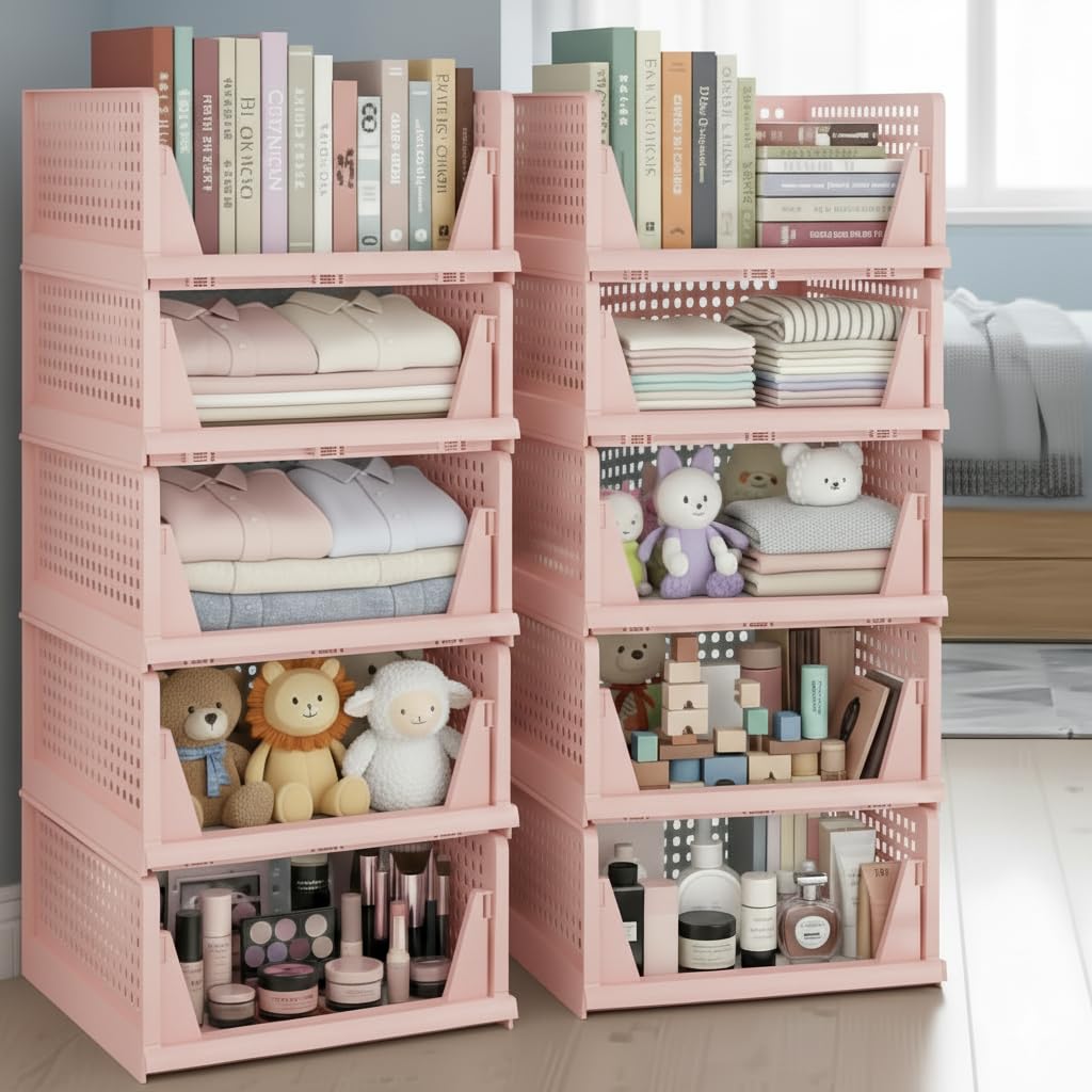 mechdel Stackable and Foldable Wardrobe, Foldable Shirt Storage Stacker, Collapsible Wardrobe, Mounted Closet Storage and Organisation System (10PCS, Foldable Stackable - Dark Pastel Pink)