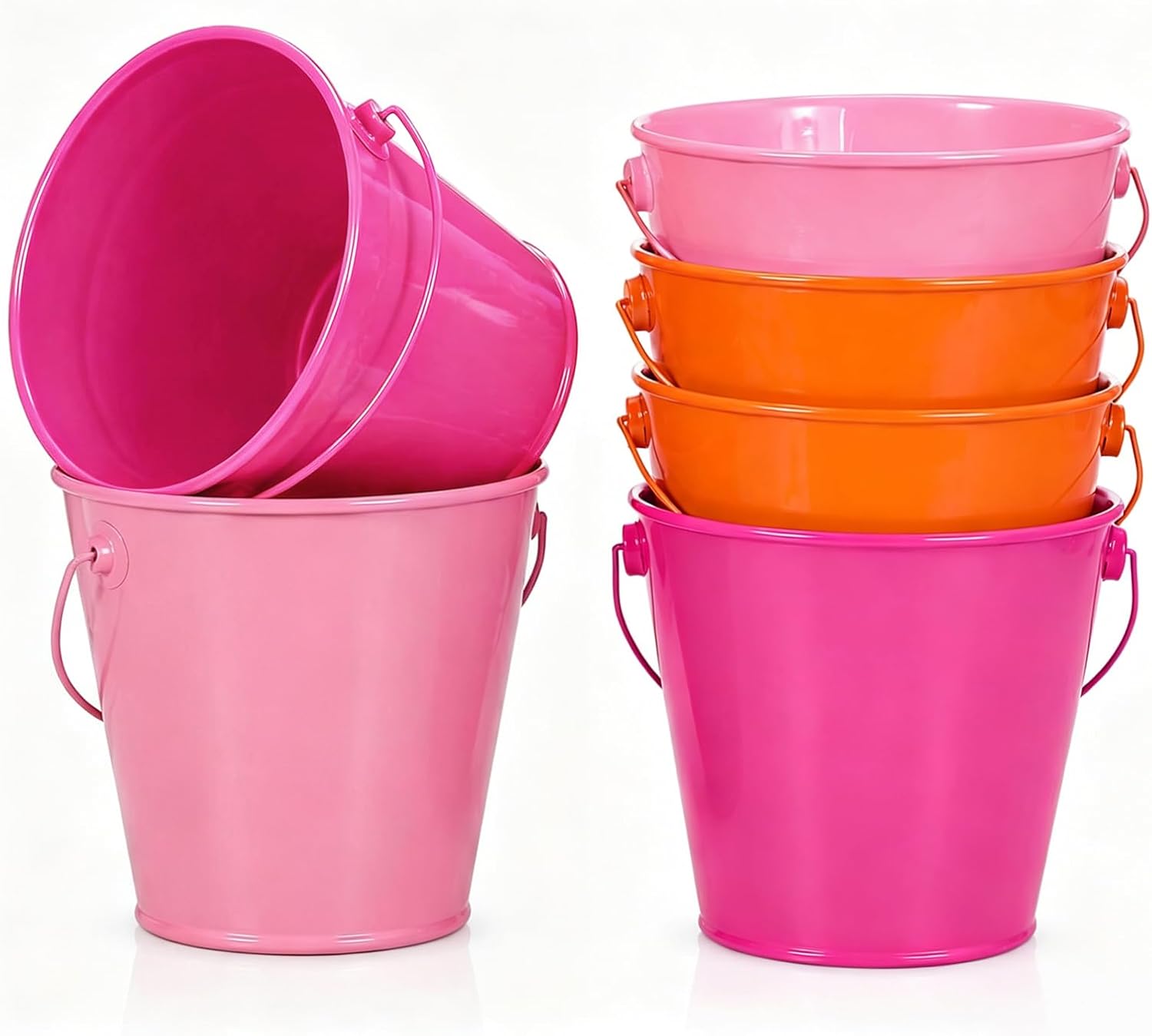 Whaline 6Pcs Pink Orange Mini Metal Buckets with Handle 3 Assorted Colors Small Tin Pails Summer Decorative Buckets for Sunset Party Favors Candy Snacks Flowers Home Decor Plants, Pencil Storage