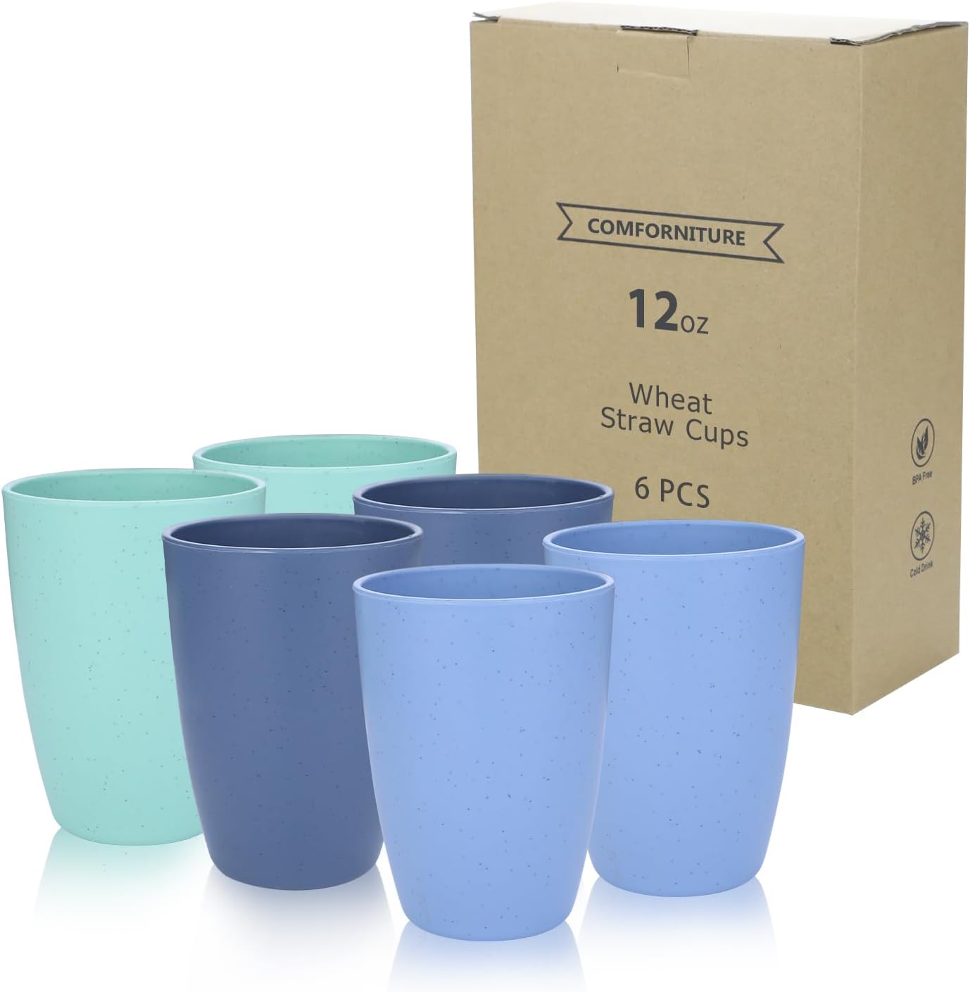 Wheat Straw Cups 6 PCS Plastic Cups Unbreakable Drinking Cup Reusable Dishwasher Safe Water Glasses with 3 Colors - Cold Color