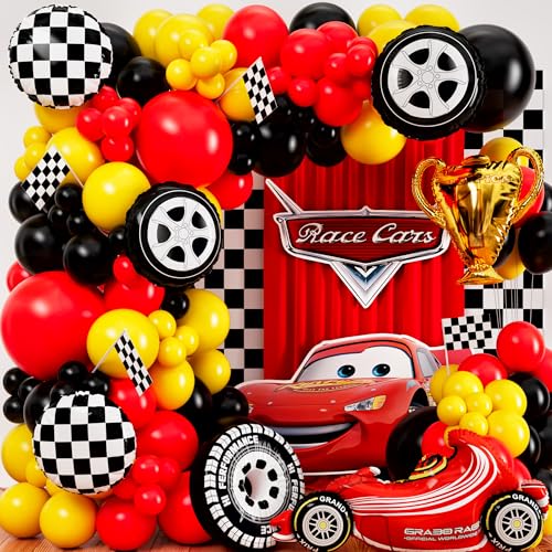 Image of ALL-IN-1 Race Car Balloon Arch Kit & Garland with BONUS Trophy & Number 2 - Race Cars Balloons for Lightning McQueen Race Car Birthday Party Supplies & Boy Cars Theme Birthday Party Decorations