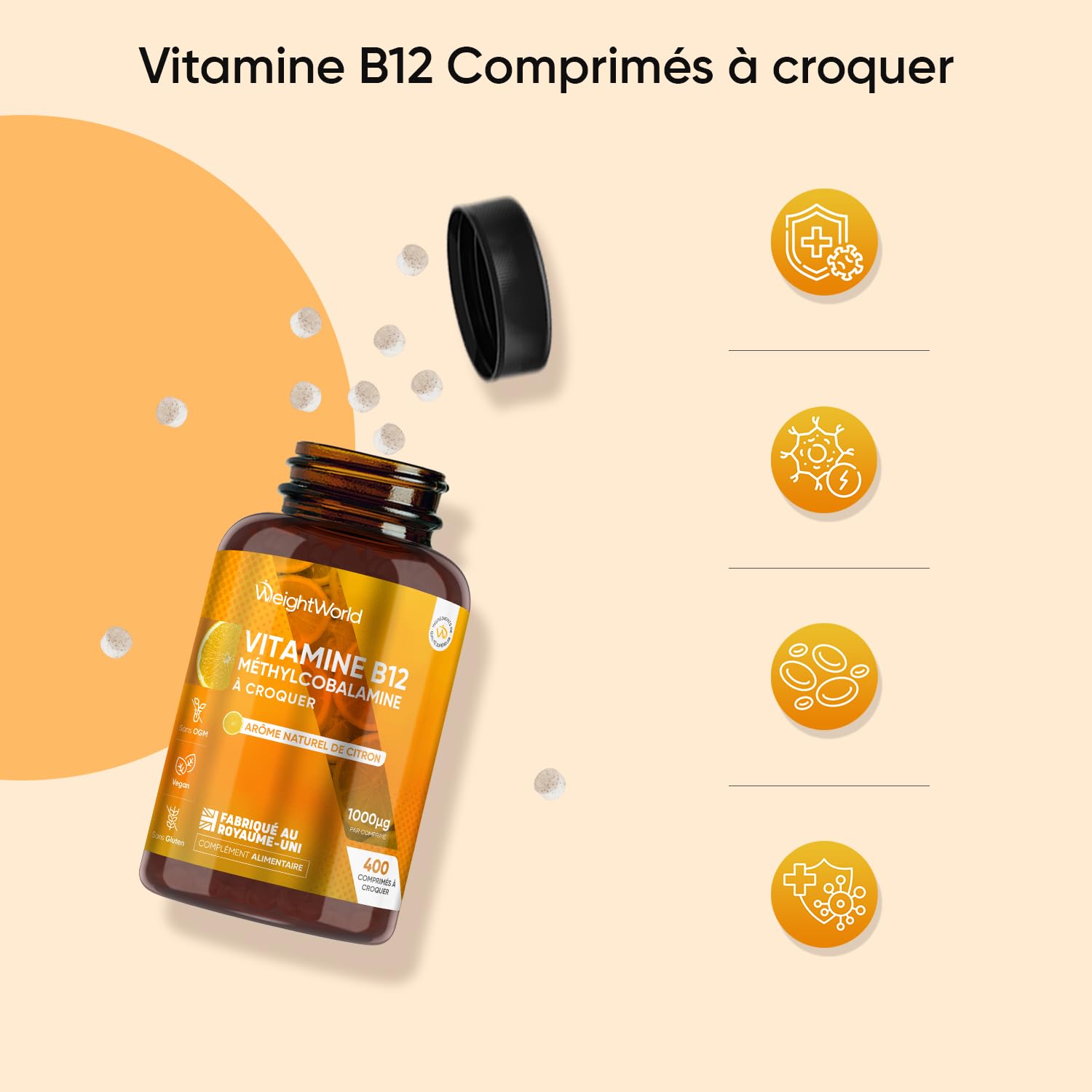 Vitamine B12 Methylcobalamin 1000 mcg Vegan Comprimés à Croquer - 400 Micro-Comprimés de Vitamine B12 Methylcobalamine, Goût Citron, 1 An d'Approvisionnement, sans OGM, sans Gluten