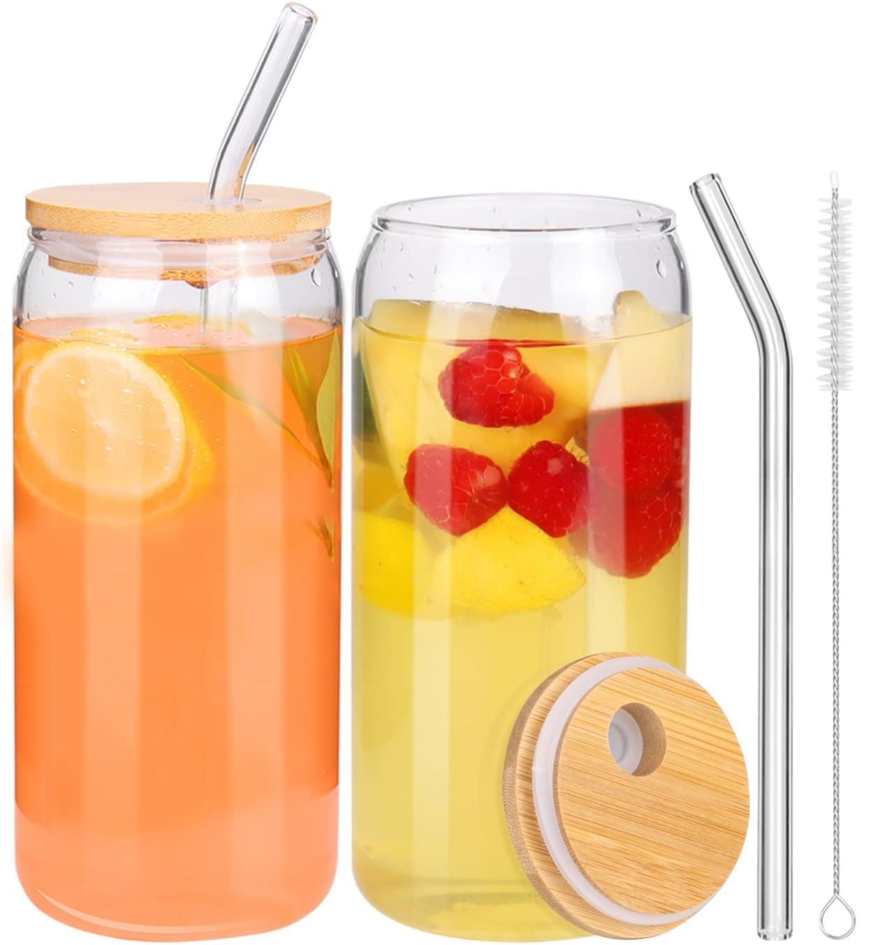U-HOOMEDrinking Glasses Cups with Bamboo Lids and Straw 2pcs-16oz Can Shaped Drinking Beer Glass Cups,Iced Coffee Glasses,Cute Tumbler Cup with 1 Cleaning Brush,Ideal for Cocktail,Whiskey,Gift (2PCS)