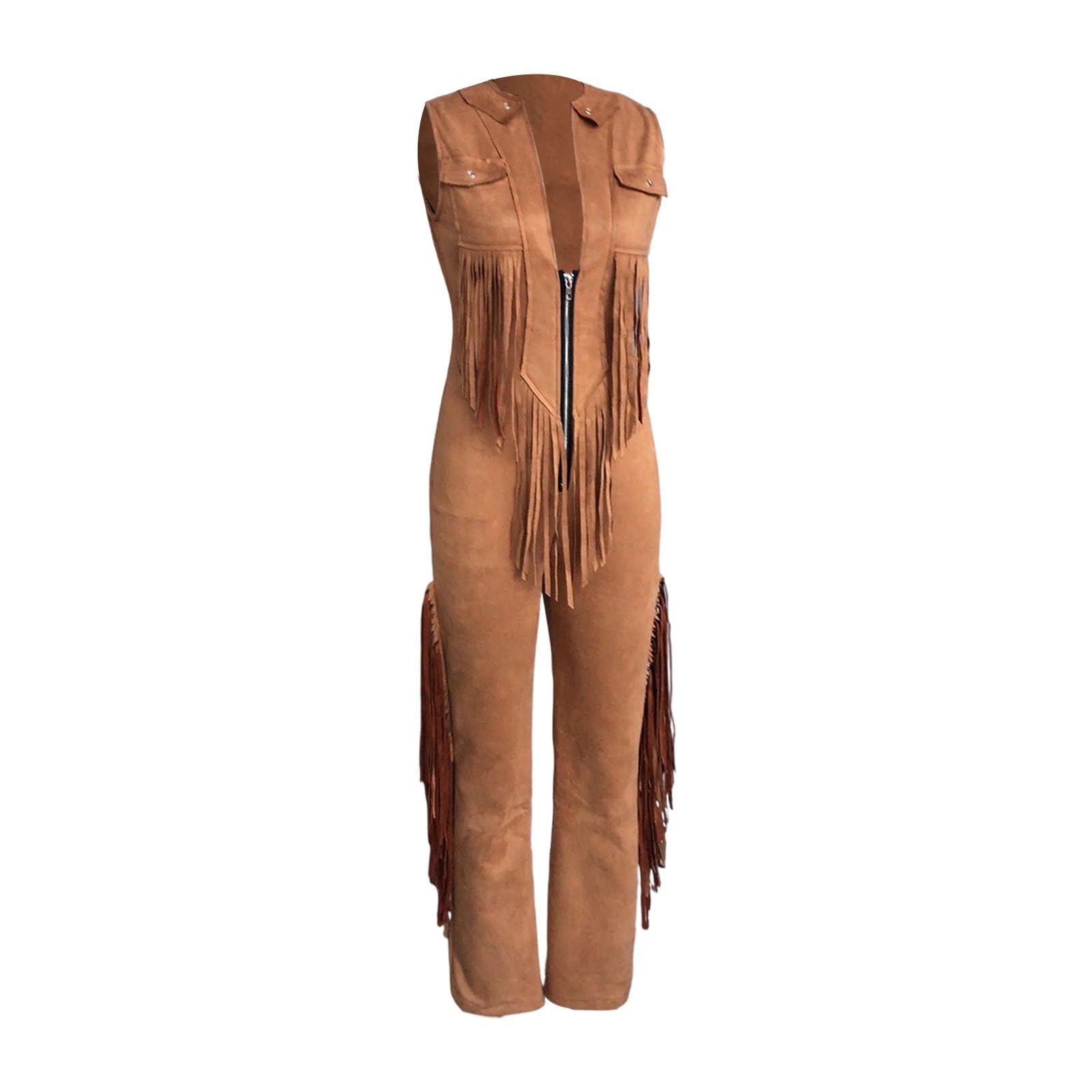 Jumpsuit Damen Western Cowboy Overall Mit Fransen Vintage Wildlederweste Hippie Wildwest Outfit Fasching Karneval Kostüme Sexy Jazz Tottoparty Bodysuits Klassische Ganzkörperanzug
