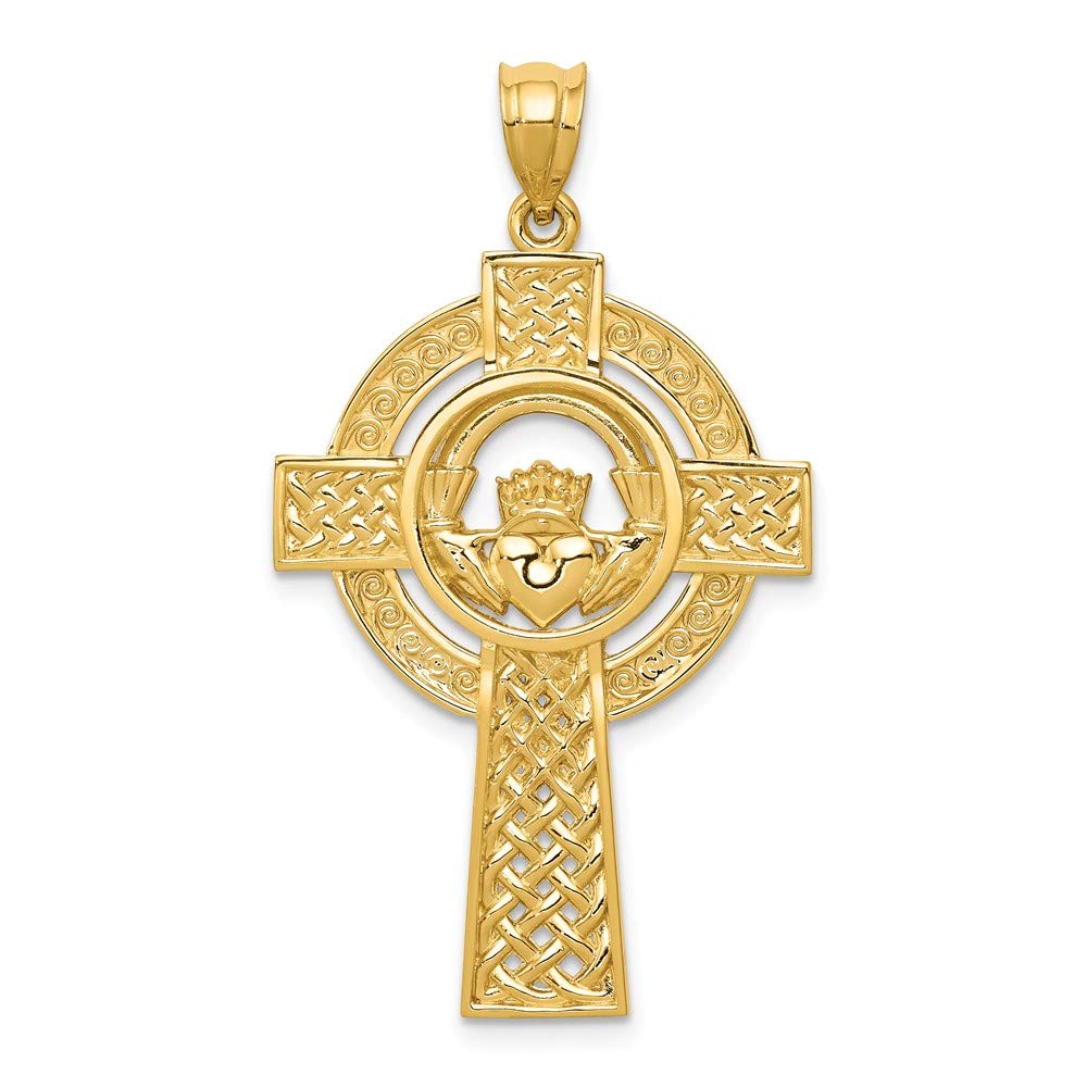 Sonia JewelsSolid 14k Yellow Gold Celtic Irish Claddagh Cross Pendant Charm - 40mm x 22mm