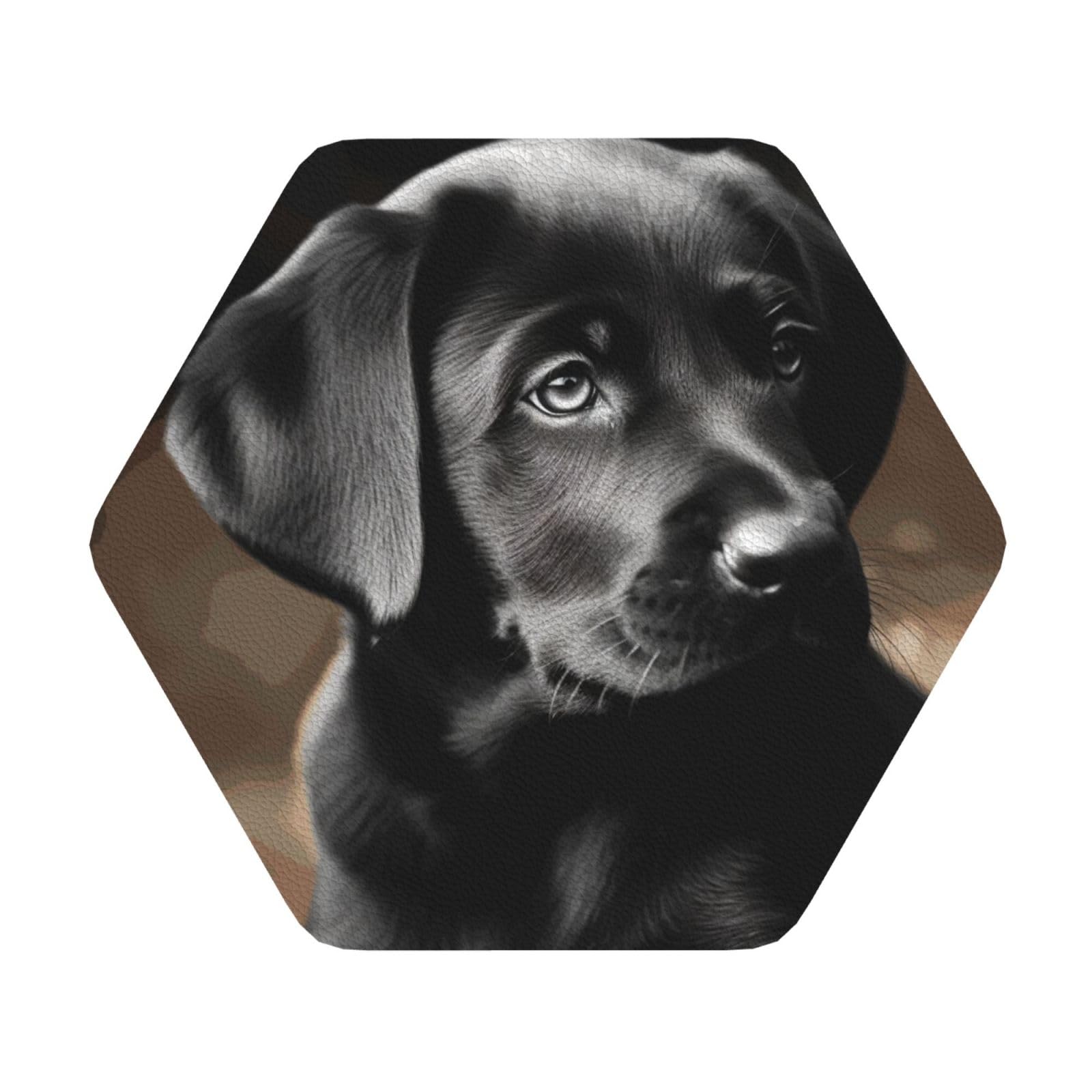 Fodpand Hexagon Black Labrador Puppy Drink Coasters Set Of 4, Heat Resistant Leather Coasters Fuuny Bar Beer Beverage Coaster For Drinks, Absorbent Cup Mat For Tabletop Protection, Housewarming Gift