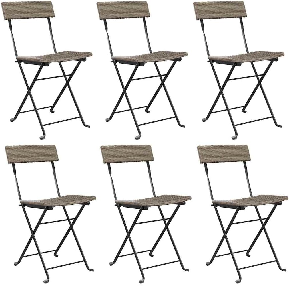 vidaXL Folding Bistro Chair Set of 6 Grey PE Rattan, Powder-Coated Steel