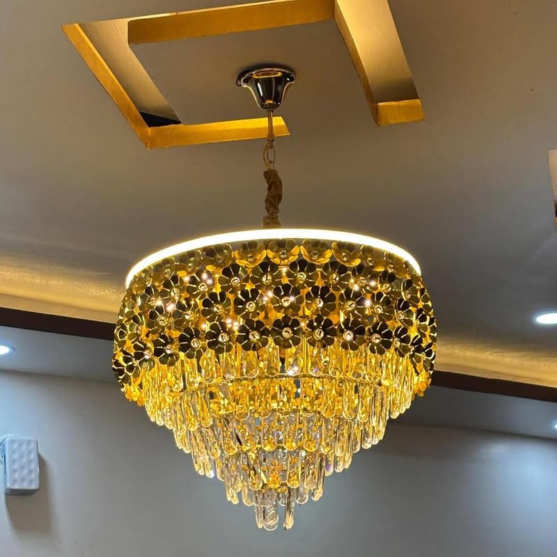 Image of Luxury Flower Crystal Chandelier - 500mm Gold Finish with LED Lighting Gold Fixtures 20 inch Round, Stainless Steel Tube Crystal Golden Finish Exqusite Design Pendant for Home and Office