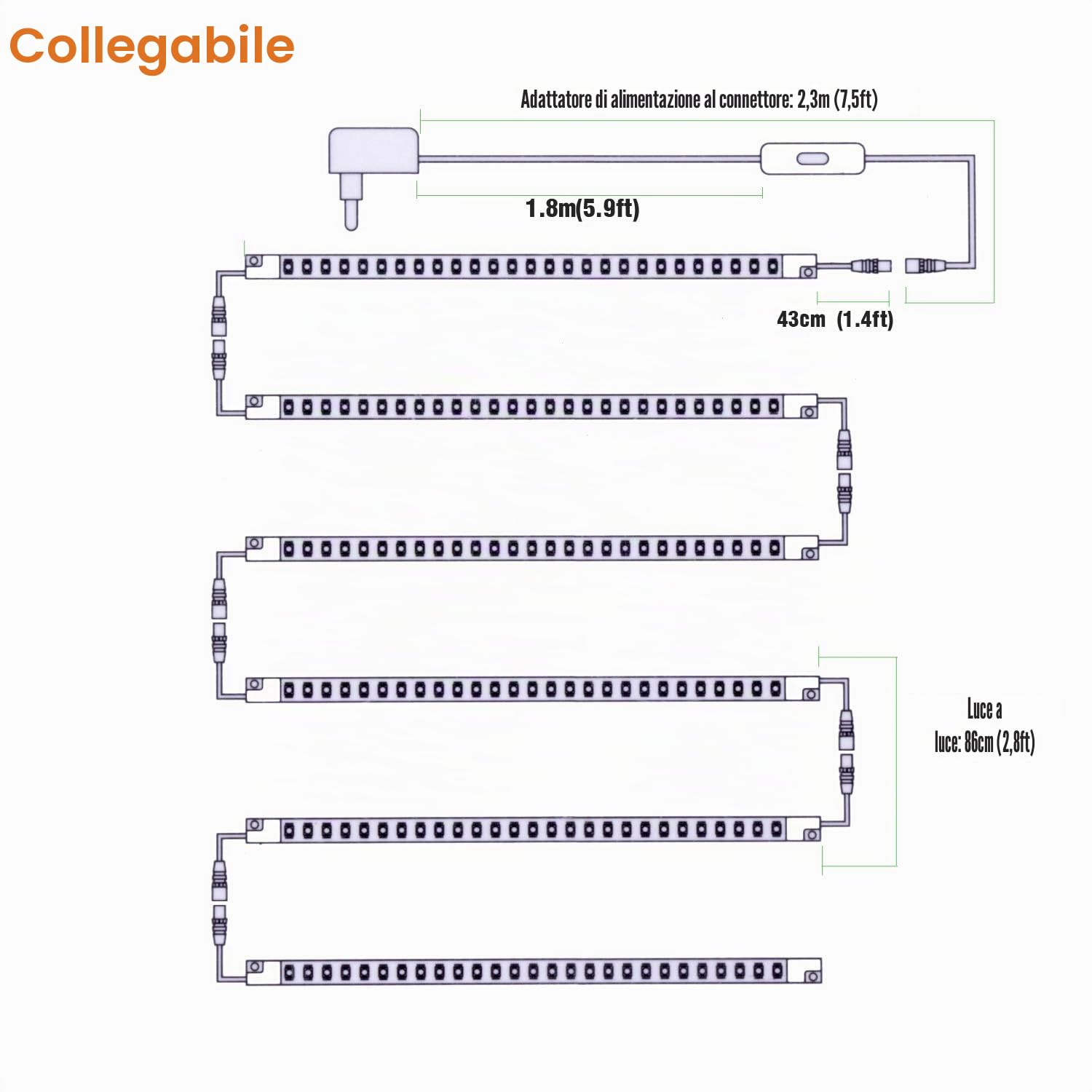 Cefrank Kit di 6 barre luminose collegabili, strisce LED sotto mobili illuminanti, 300 mm x 6, con interruttore (bianco caldo, 3000K)