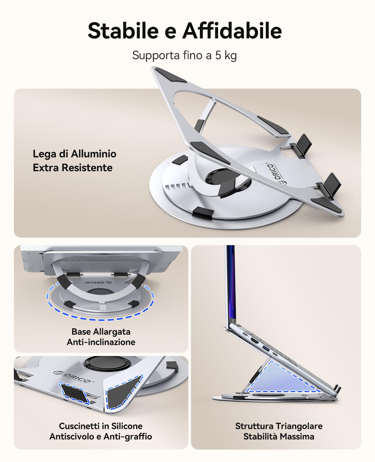 ORICO Supporto PC Portatile Regolabile, Laptop Stand Ventilato con Base Girevole a 360°, Supporto Laptop Ergonomico Pieghevole per Scrivania, Compatibile con Notebook da 10-17" - NS1, Argento