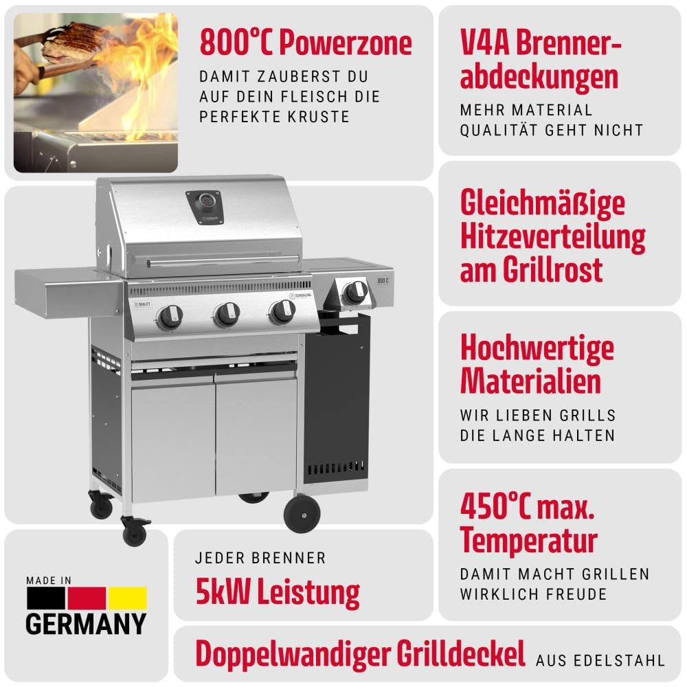 Schickling Gasgrill "Henry L - Deluxe" Edelstahlgrill Grillwagen mit Unterschrank, Doppelwandigem Deckel, 3 Brenner, 800 Grad Seitenbrenner & 3-teiligem Grillrost - Made in Germany