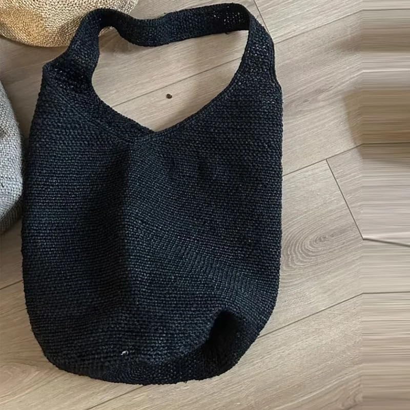 Strohtasche Stroh Strand Taschen for Frauen Handtasche Und Geldbörse Lässig Große Kapazität Handgemachte Runde Strohtasche(Noir)
