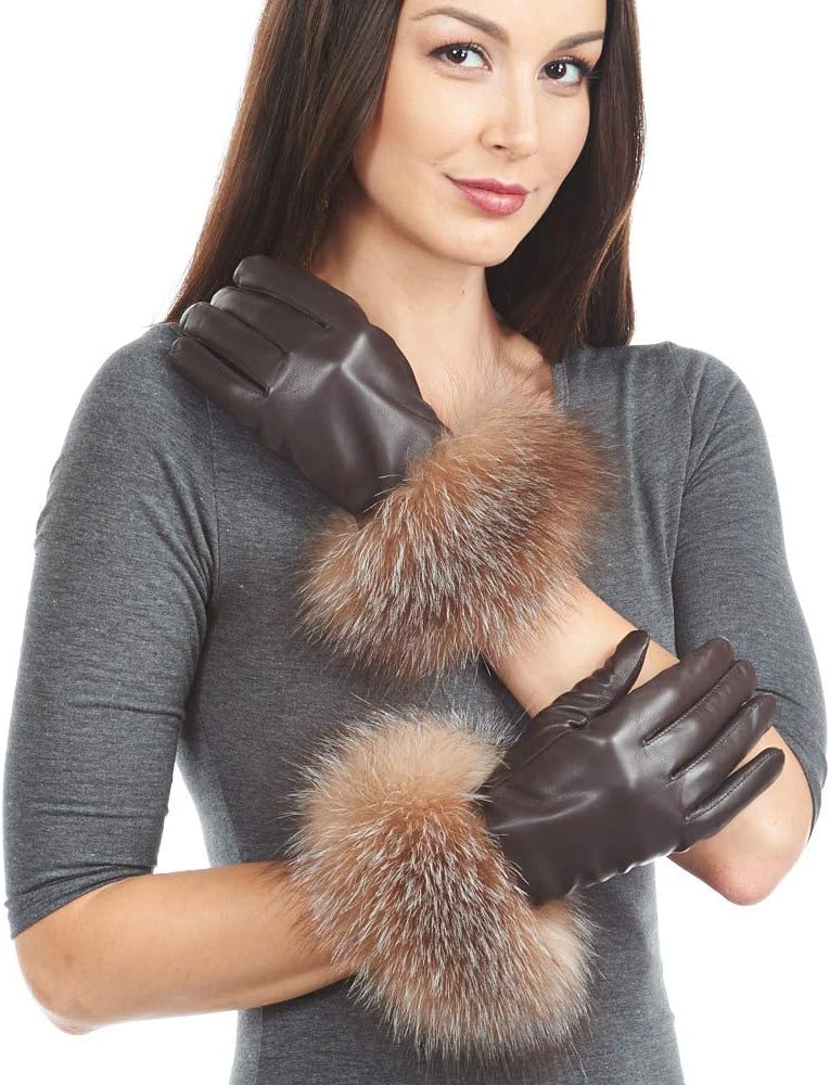 frr Fox Fur Trim Leather Gloves - Wool Lined
