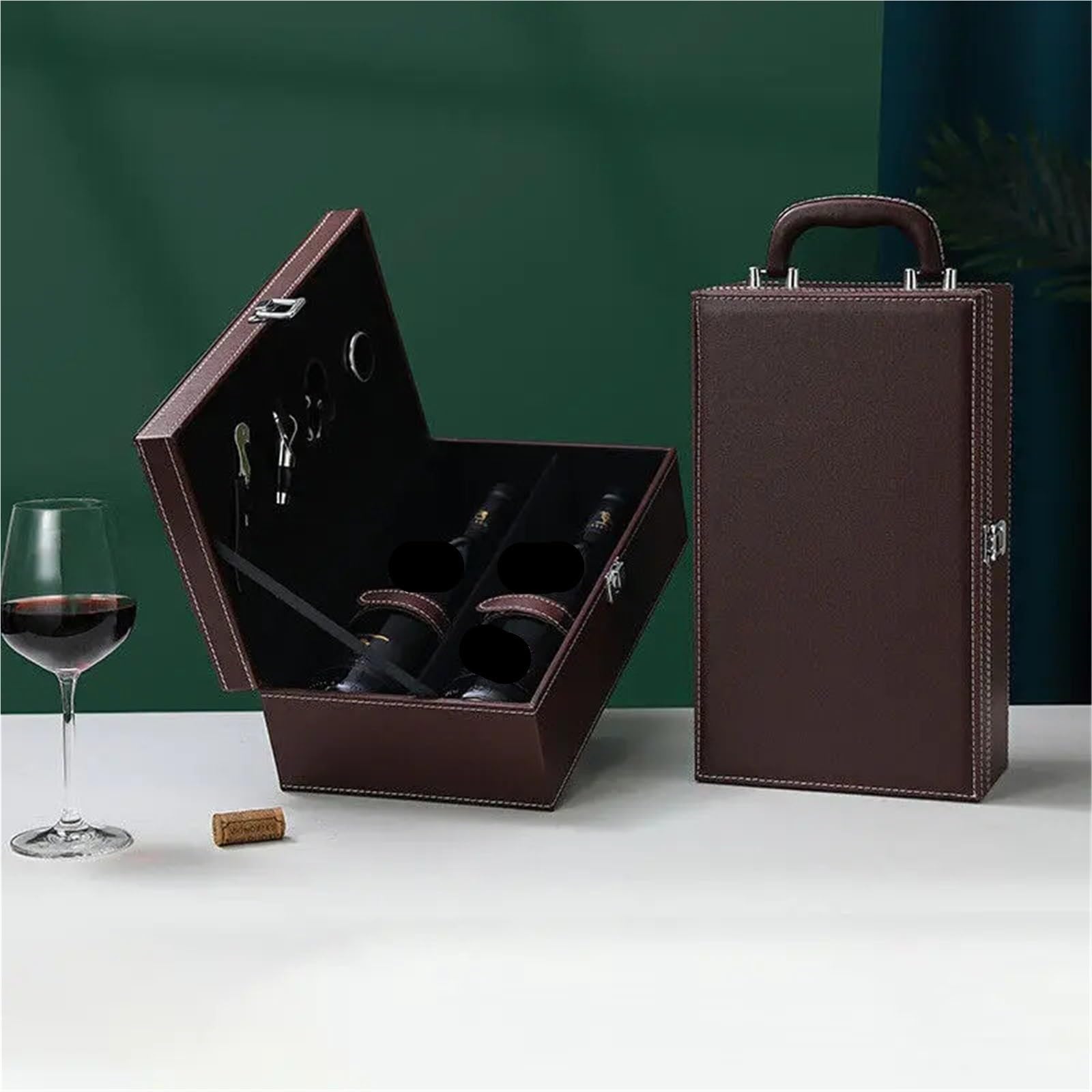 Caja de Cuero PU for Botellas Vino, Organizador Almacenamiento el hogar, Soporte Transportar, Caja, Tinto para Botellas de Vino(Black03)