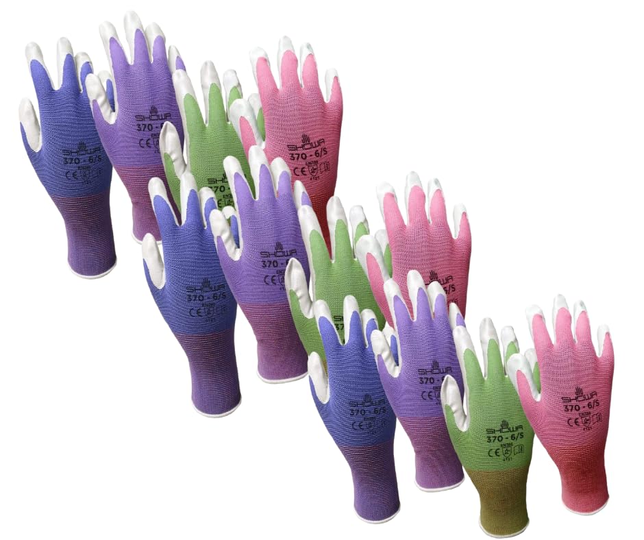 12 Pack Showa Atlas NT370 Atlas Nitrile Garden Gloves - Sizes XS, S and Large (Assorted Colors) (Large)