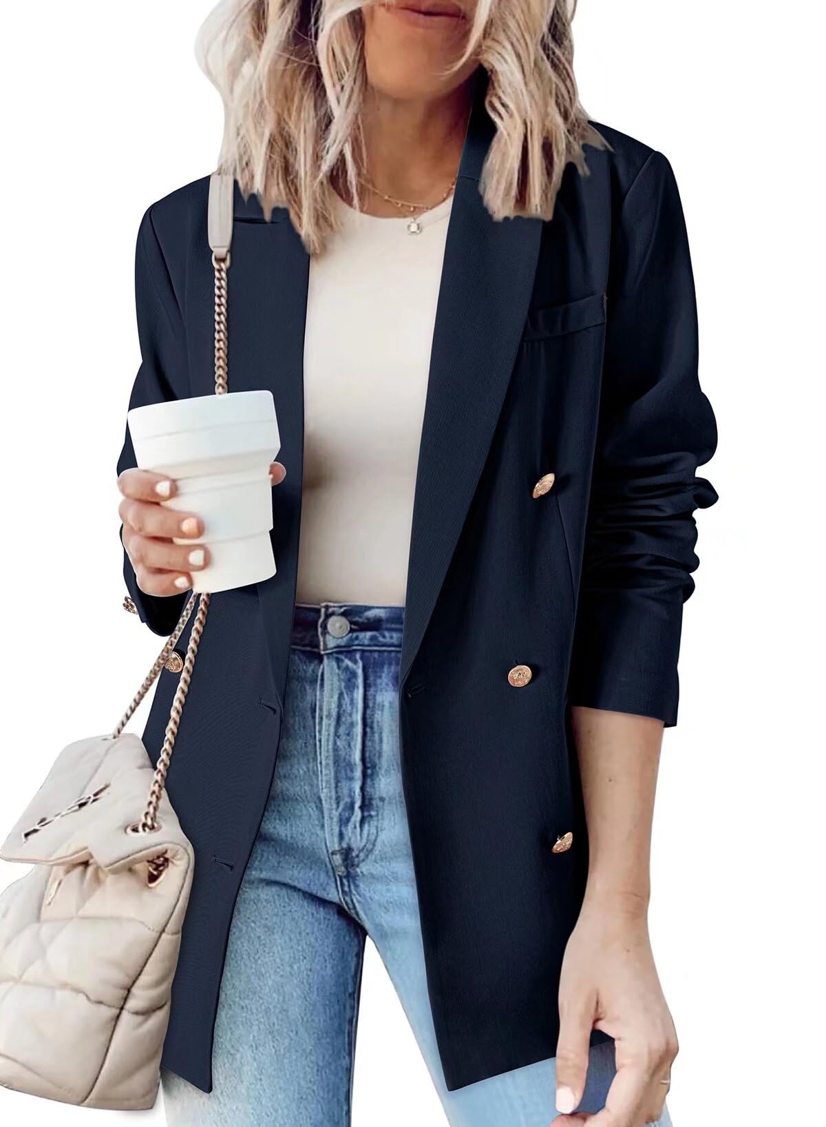 Dokotoo Womens Double Breasted Blazer Jackets Casual Blazers Open Front Long Sleeve Lapel Collar Work Office Jackets Blazer