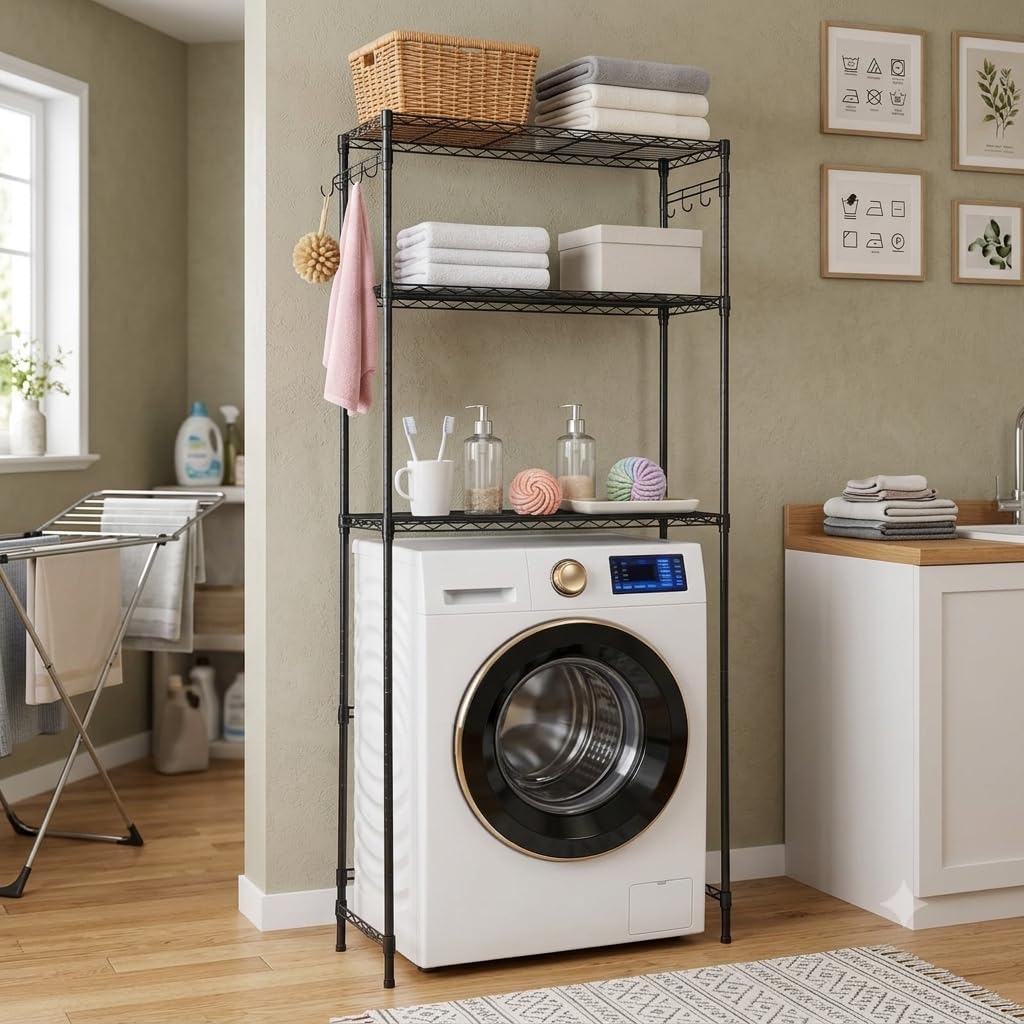 Teodute 3-Tier Over Washing Machine Shelf, 69x181x30cm, Carbon Steel, Black