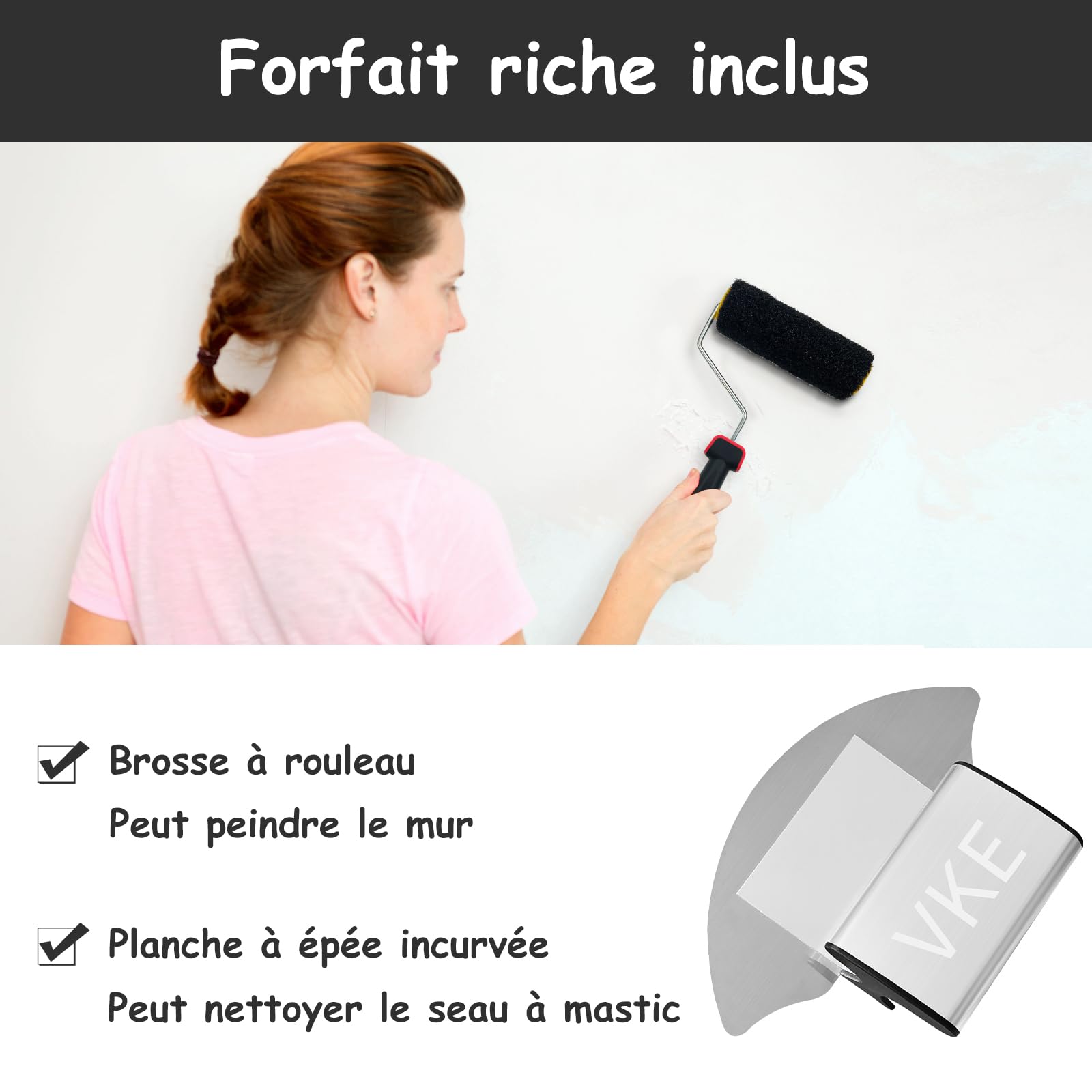 VKE Set Couteau a Enduiret 30/50/80cm avec Lame Interchangeable et Mallette | Poignée en Alliage d'Aluminium avec Perche Télescopique 2,1 m et Brosse à rouleau pour le Crépissage des Murs et Des plafonds
