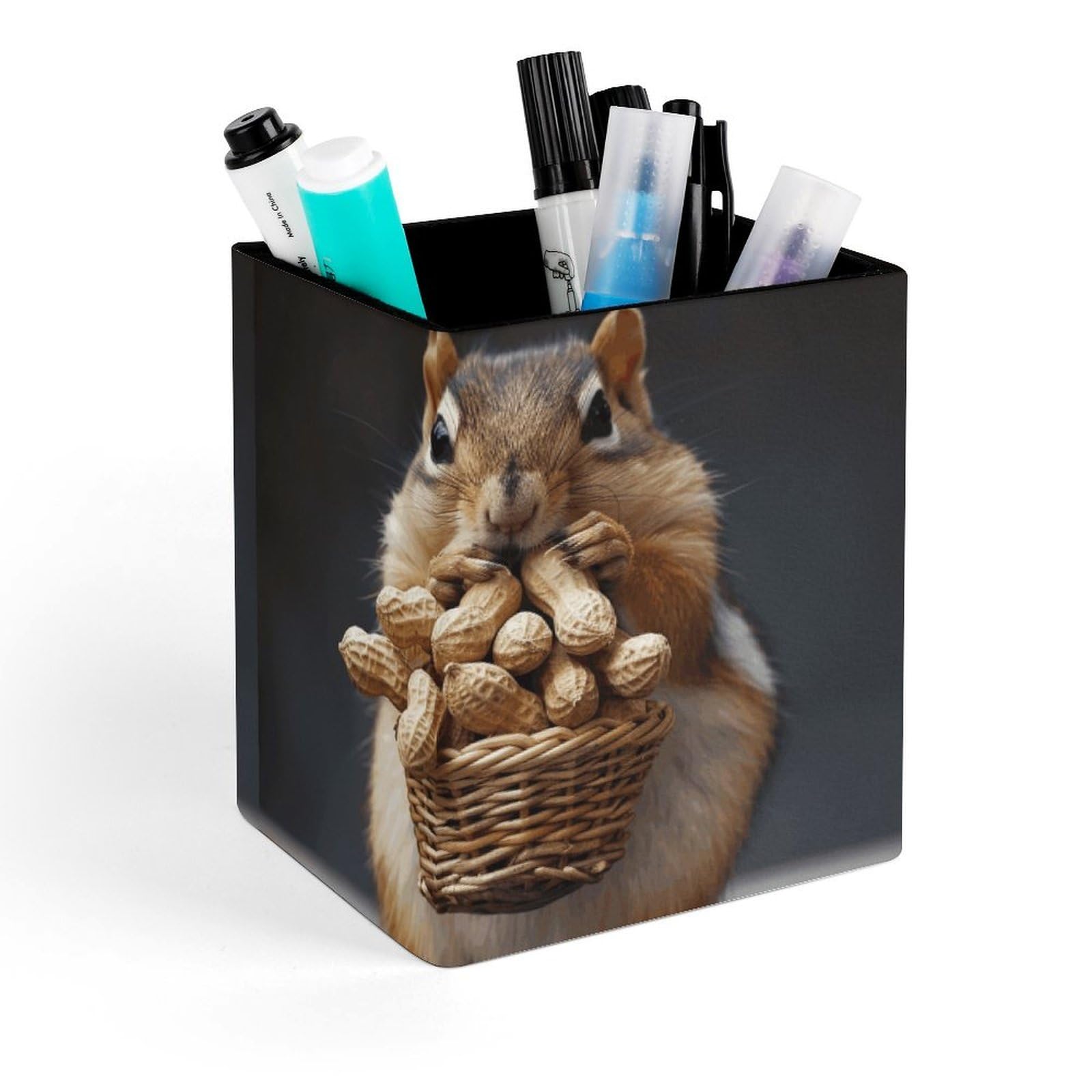 DWVTSLH Aesthetic Pen Holder for Desk - Modern Leather Pencil Holder - Stylish Square Makeup Brush Holder - Squirrel And Peanut Pen Cup Cute And Functional Desk Organizer for Office Supplies