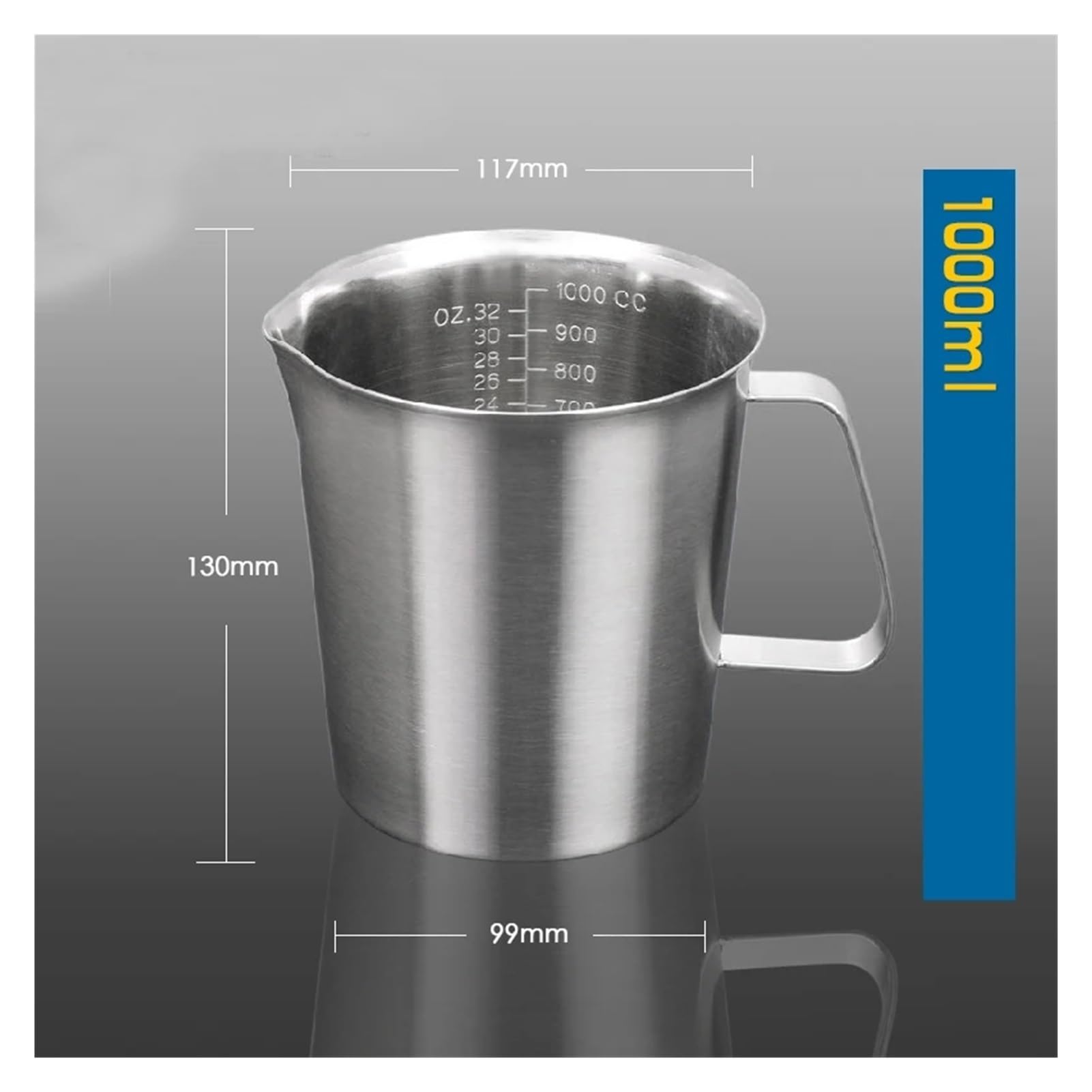 Vaso medidor de acero inoxidable 304 de boca grande con asa Vaso graduado Equipo de laboratorio o herramientas de cocina(1000ml)