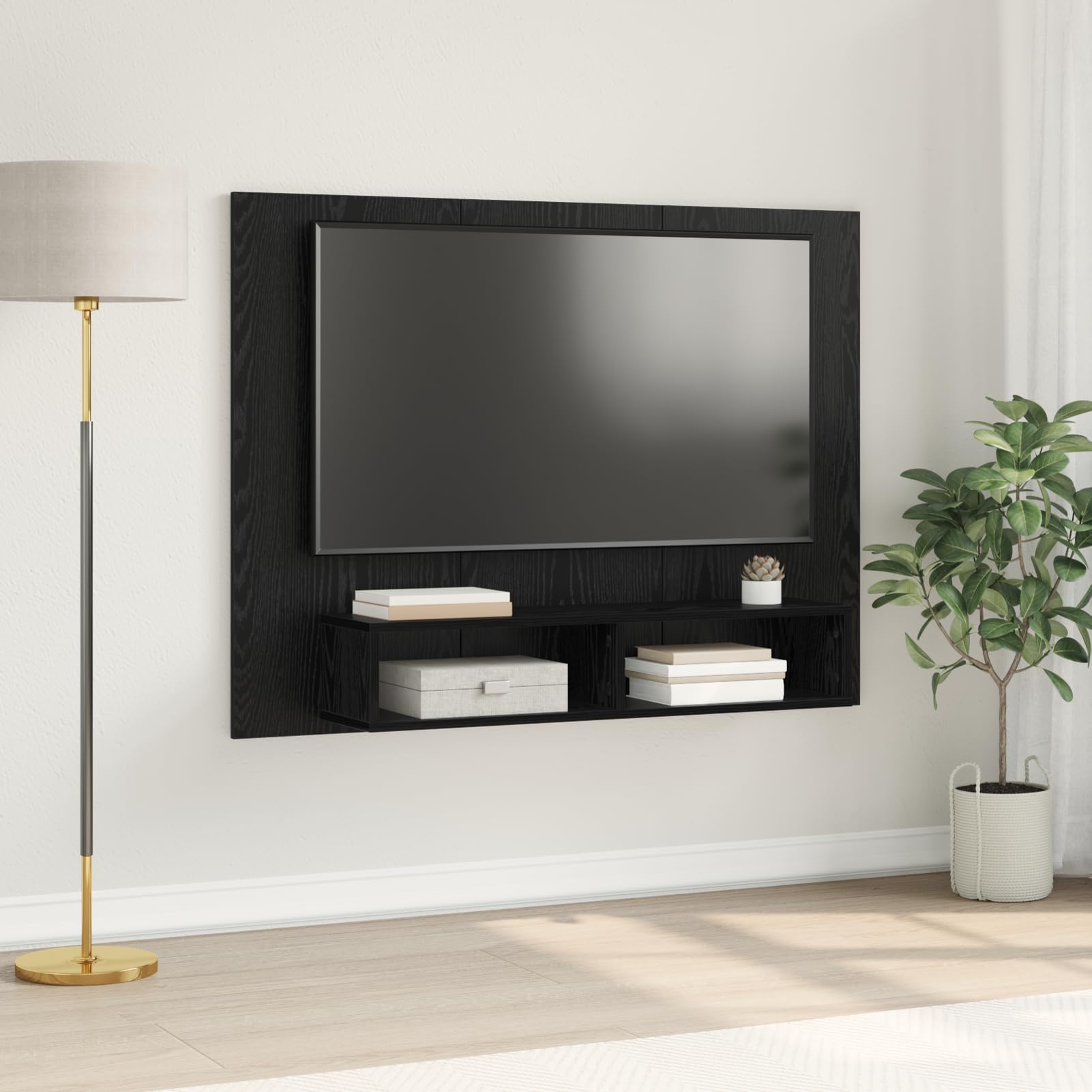 Meuble TV mural chêne noir 120 cm Gecheer avec étagères de rangement salon