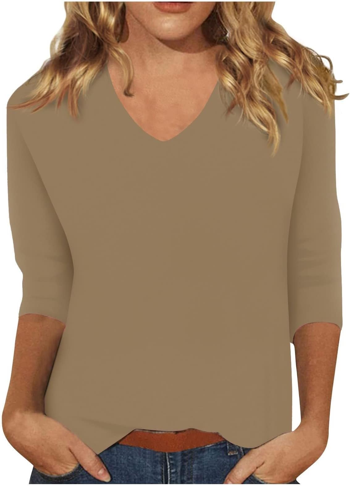 3/4 Sleeve Womens Tops Summer Solid Plain Travel Cute Tops V Neck Slim Fit Half Sleeve Tshirts Blouse Short Sleeve Tunic Tops