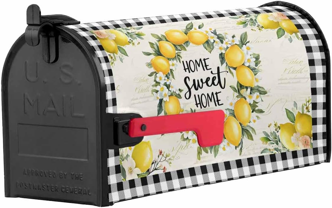 QueenKer Summer Lemon Mailbox Covers Magnetic Oversize 21" x 25.5" Black and White Plaids Replaceable Post Wraps Letter Box Cover Welcoming Outdoor Decoration for Yard Patio Garden