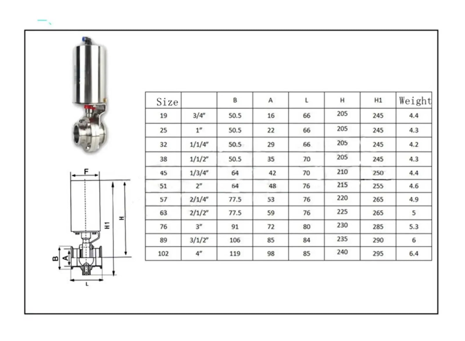 Pneumatyczny pionowy zawór motylkowy ze stali nierdzewnej 304, z trzema zaciskami 1,5" i 2", średnica zewnętrzna 50,5 mm 64 (38 x 50,5 mm)