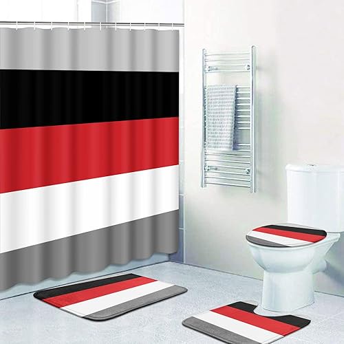 Miniatura 7 de ArtSocket Juego de baño geométrico rojo con cortina de ducha y accesorios de alfombras, cortina de ducha moderna a rayas rojas, grises, negras y