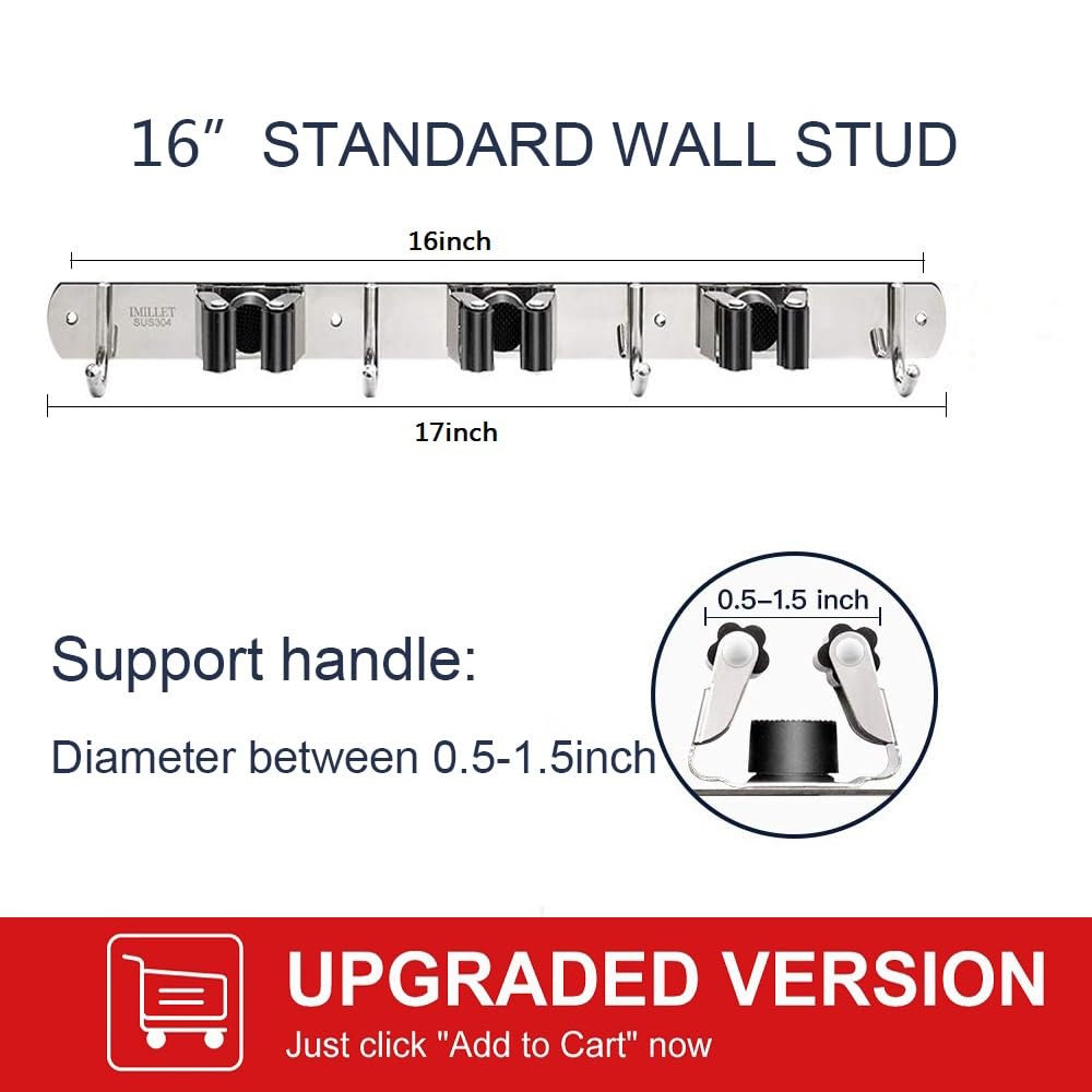 IMILLET CNXUS esen- und Mopp-Halter, Wandmontage, Edelstahl, Mopp-Halter, selbstklebend, robuste Haken, Aufbewahrung, Organizer für Waschküche (1Stück)