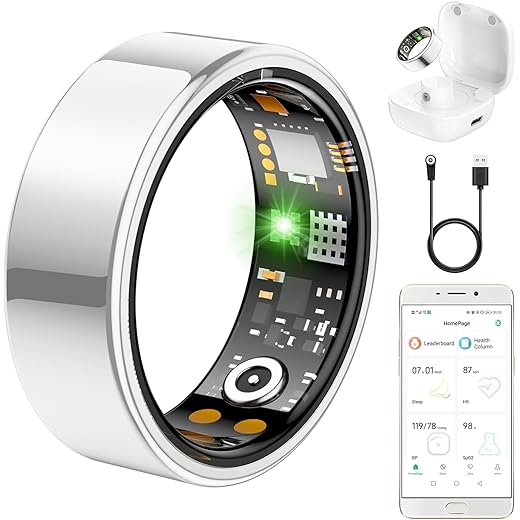 Ring Health Tracker for Women Men, Fit Ring with Heart Rate, Blood Oxygen, Sleep Monitor, Calories, Step Counter, IP68 Waterproof Smart Ring for iPhone & Android, No Subscription Fee (Silver, 11#)