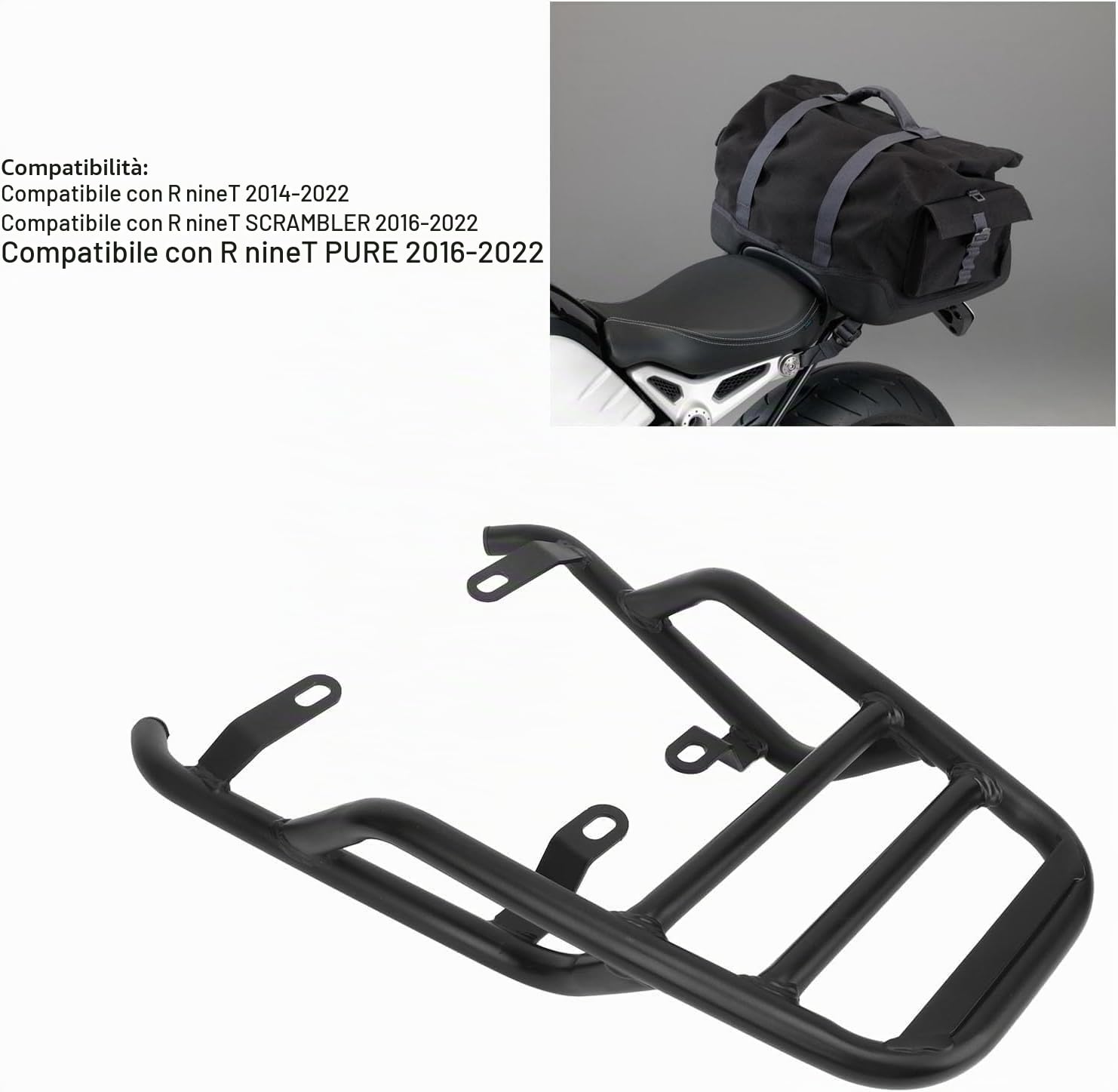 Portapacchi Posteriore per Moto, Staffa di Supporto per Tubo in Ferro 19 Mm, Barra per Corrimano del Passeggero, Adatto per R NineT 2014-2022, R NineT SCRAMBLER 2016-2022, R