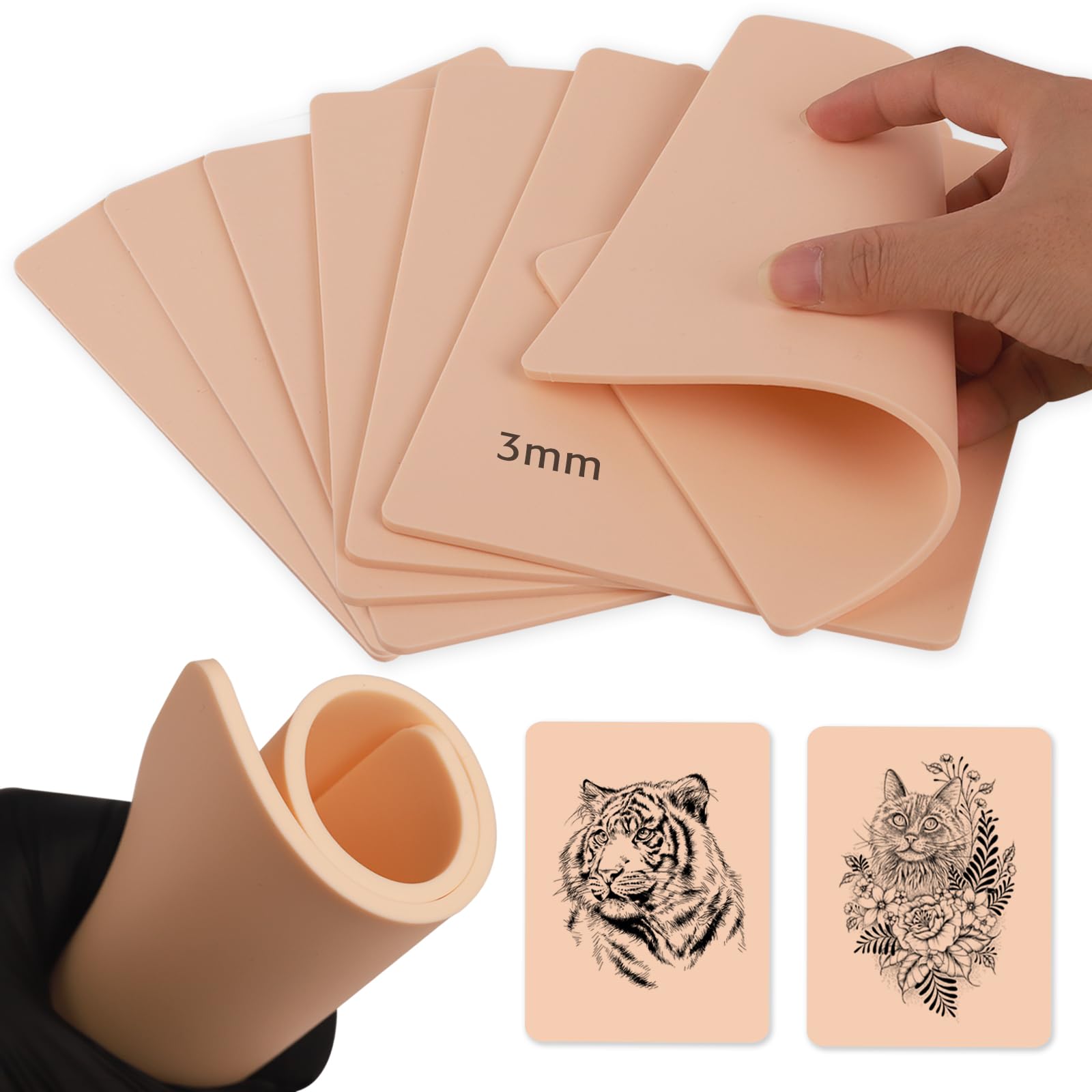Rayyl 3MM Tattoo Skin 5Pcs - Soft Silicone Double Sides 7.4x5.6" Thick Blank Fake Skin for Eyebrow Practice - Tattoo Supplies for Beginner & Experienced Artists