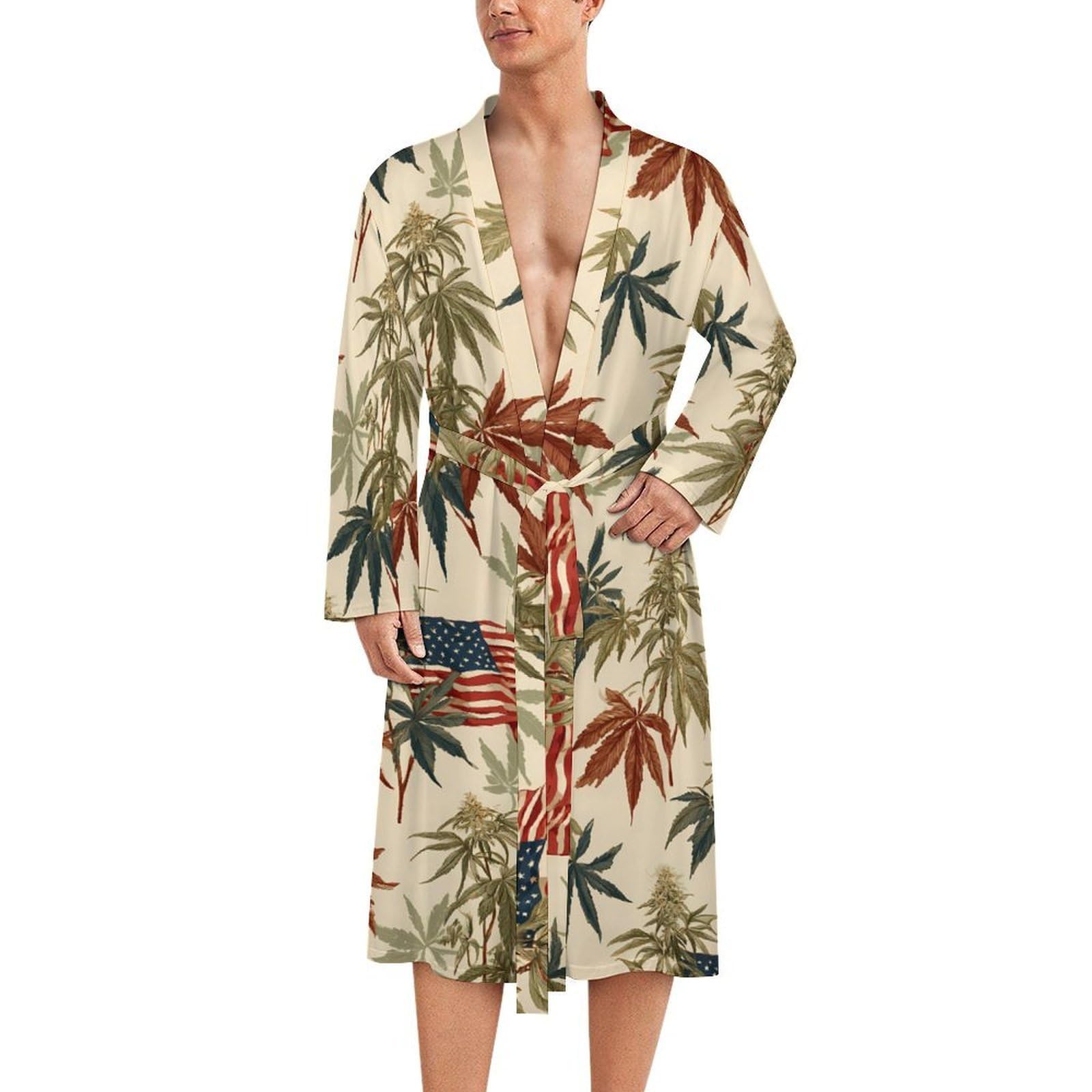 Bata de baño Weed1 y bandera EE. UU. para hombre con cinturón ajustable de longitud media 8