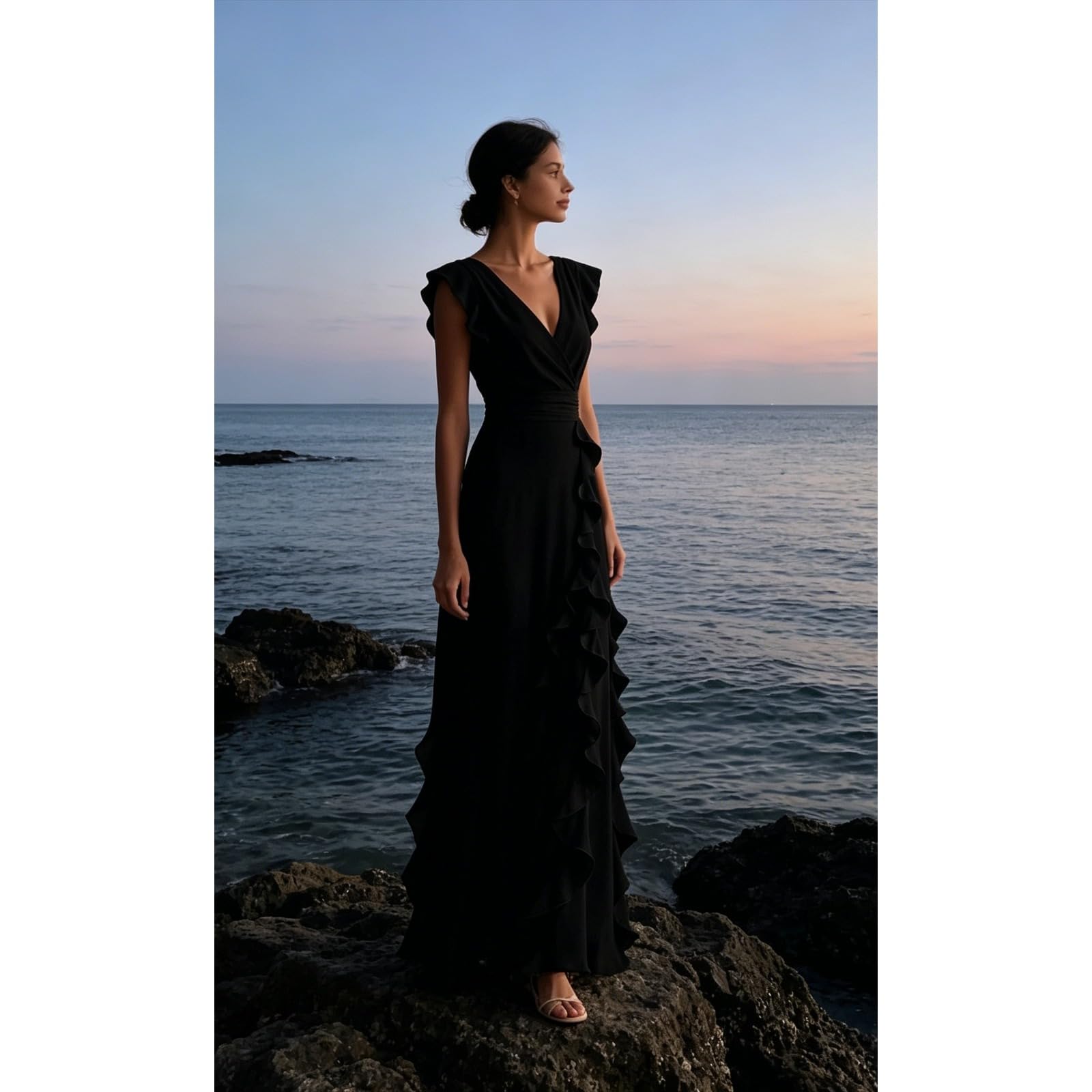 Vestido de Dama de Honor de Gasa con Volantes — Vestido Formal de Manga Corta, Largo, con Escote en V y Estilo corsé — Vestido de Noche para Bodas y Eventos Formales